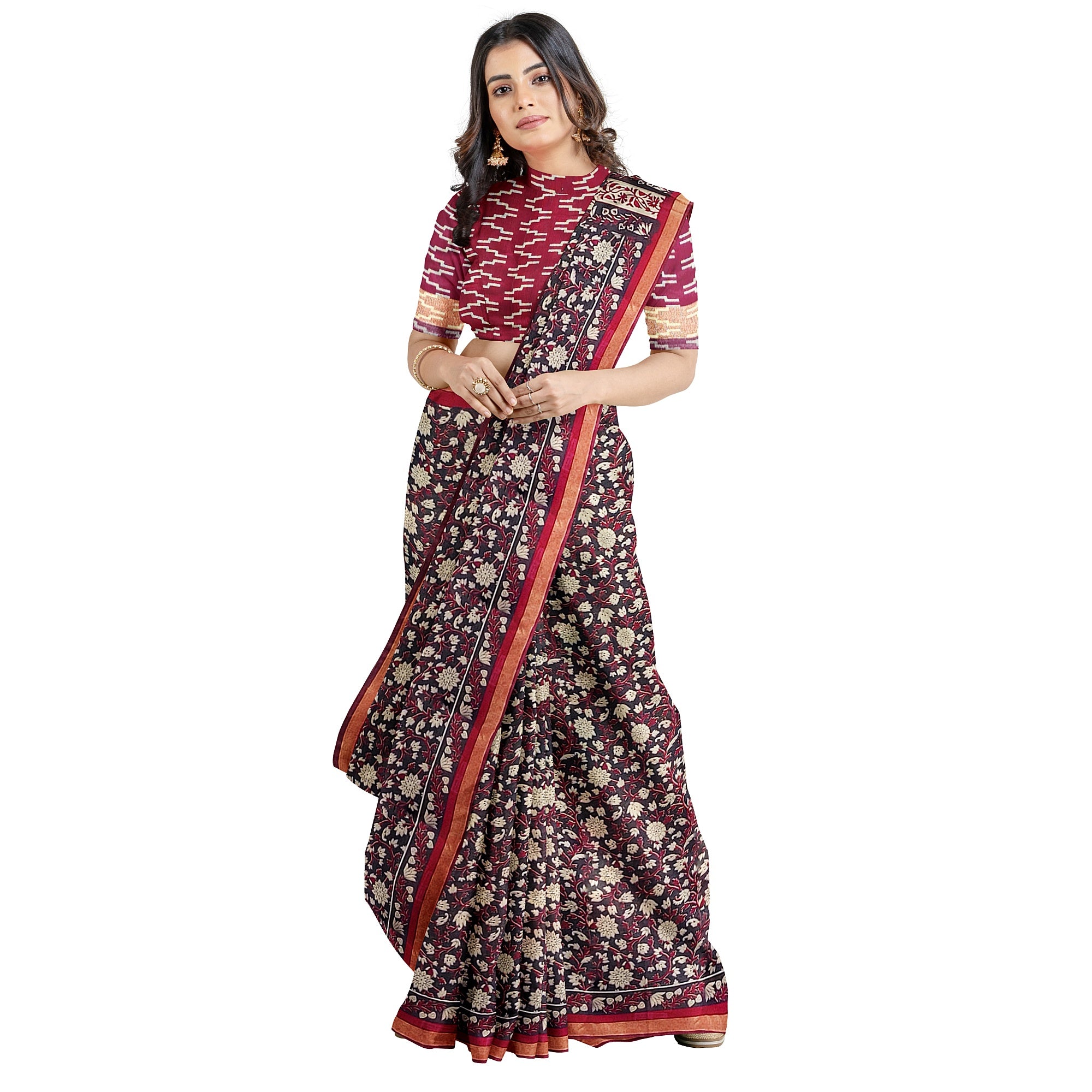 Black Printed Saree – Red Border – Shop Online