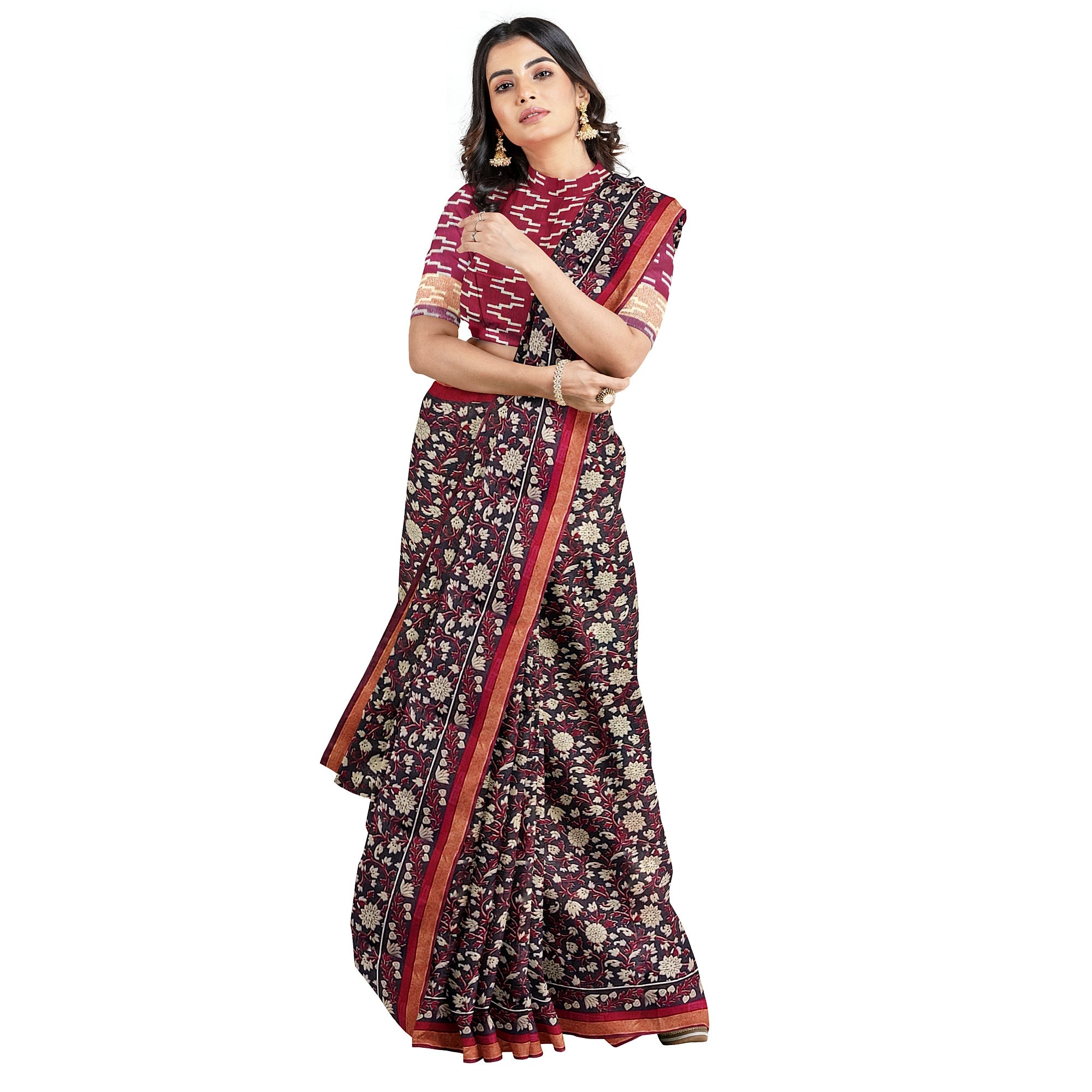 Black Printed Saree – Red Border – Shop Online