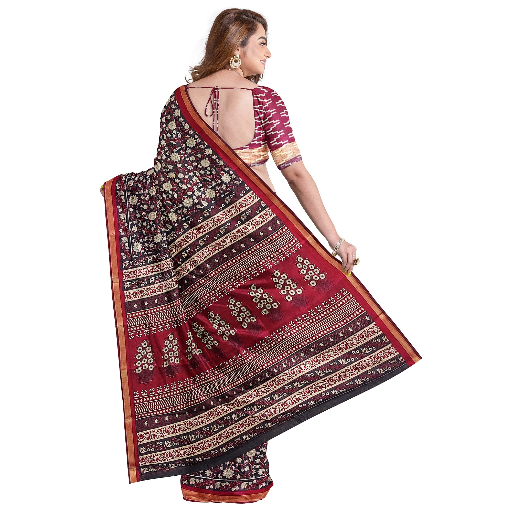 Black Printed Saree – Red Border – Shop Online
