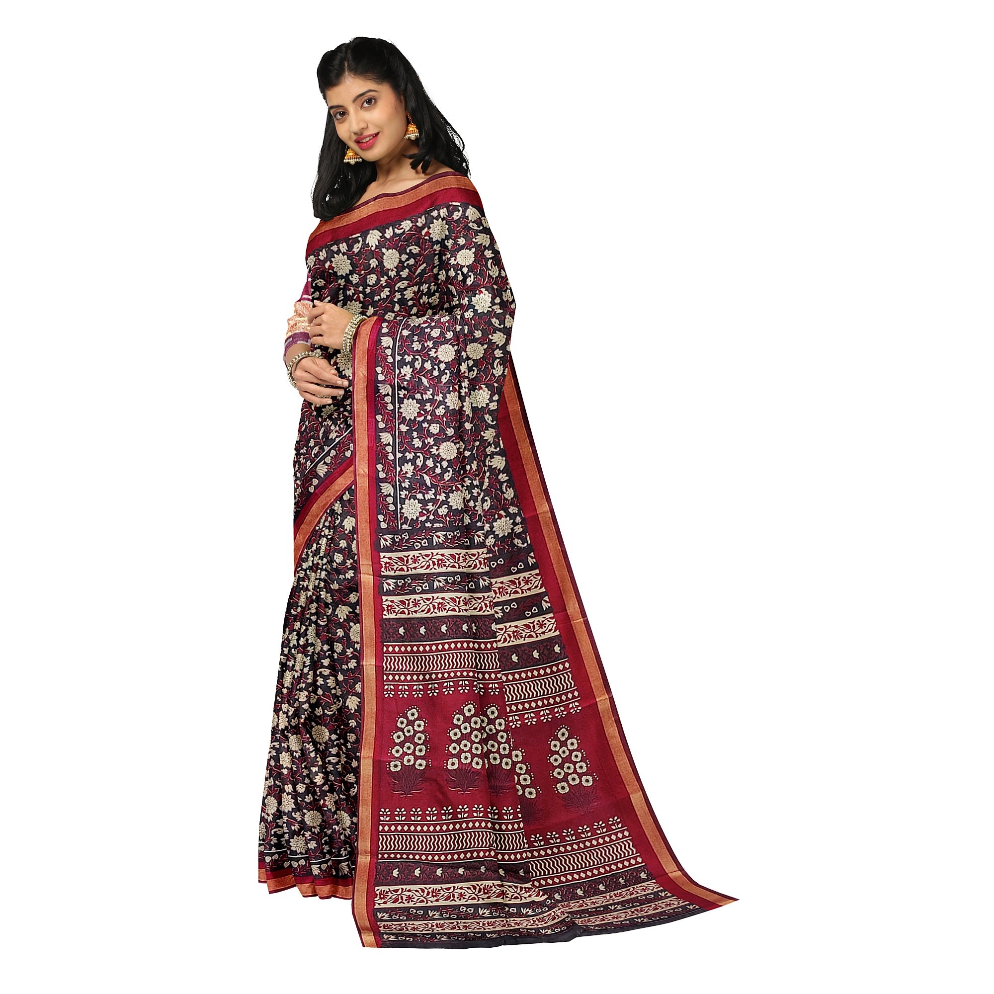 Black Printed Saree – Red Border – Shop Online