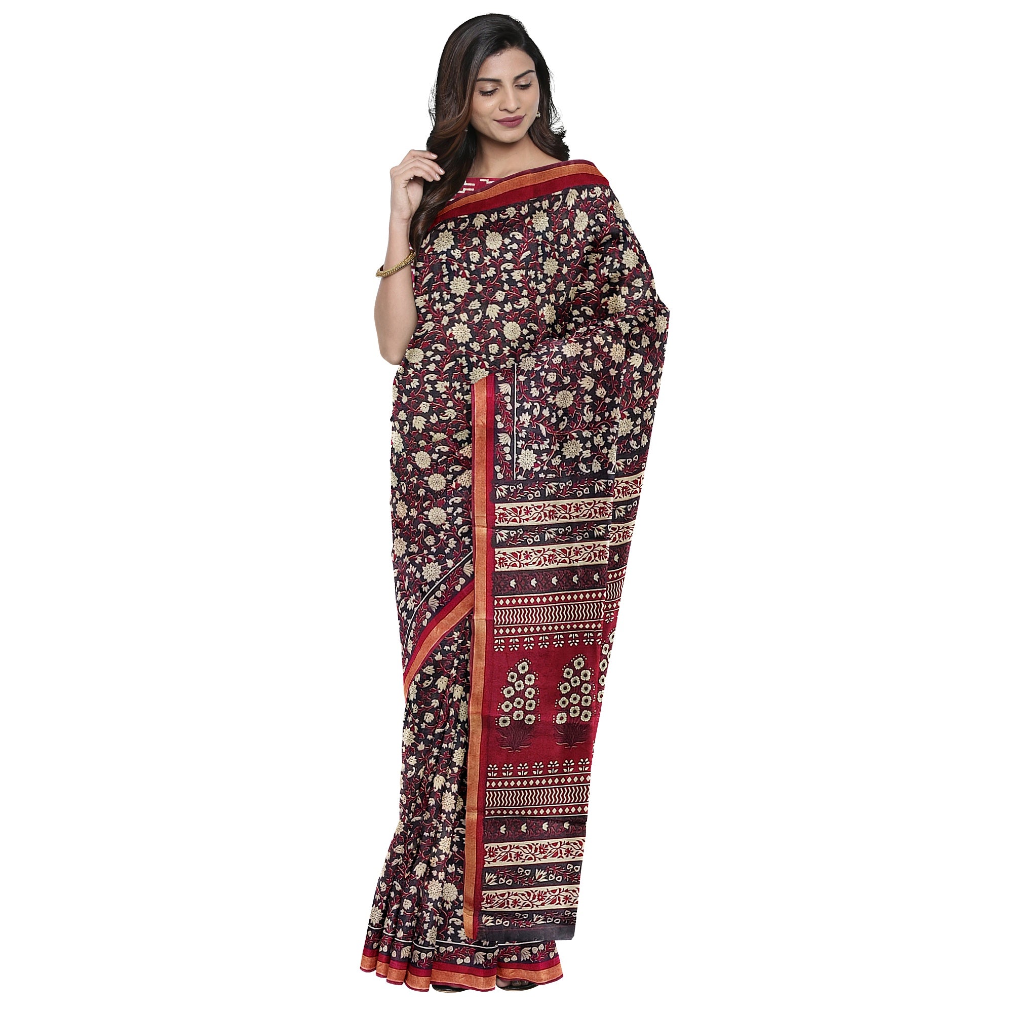 Black Printed Saree – Red Border – Shop Online