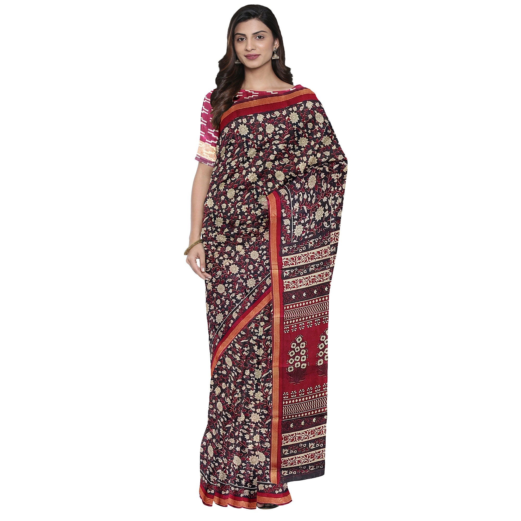 Black Printed Saree – Red Border – Shop Online