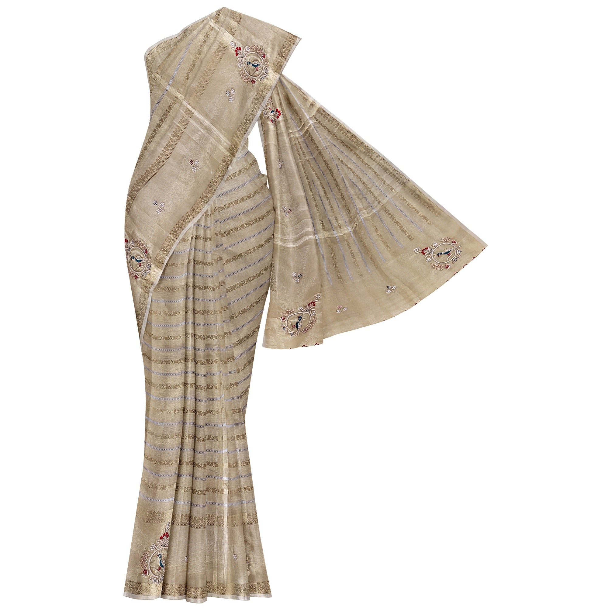 Bridal Gold Tissue Saree Red & Green – Beaded Embroidery – Premium Wedding Wear