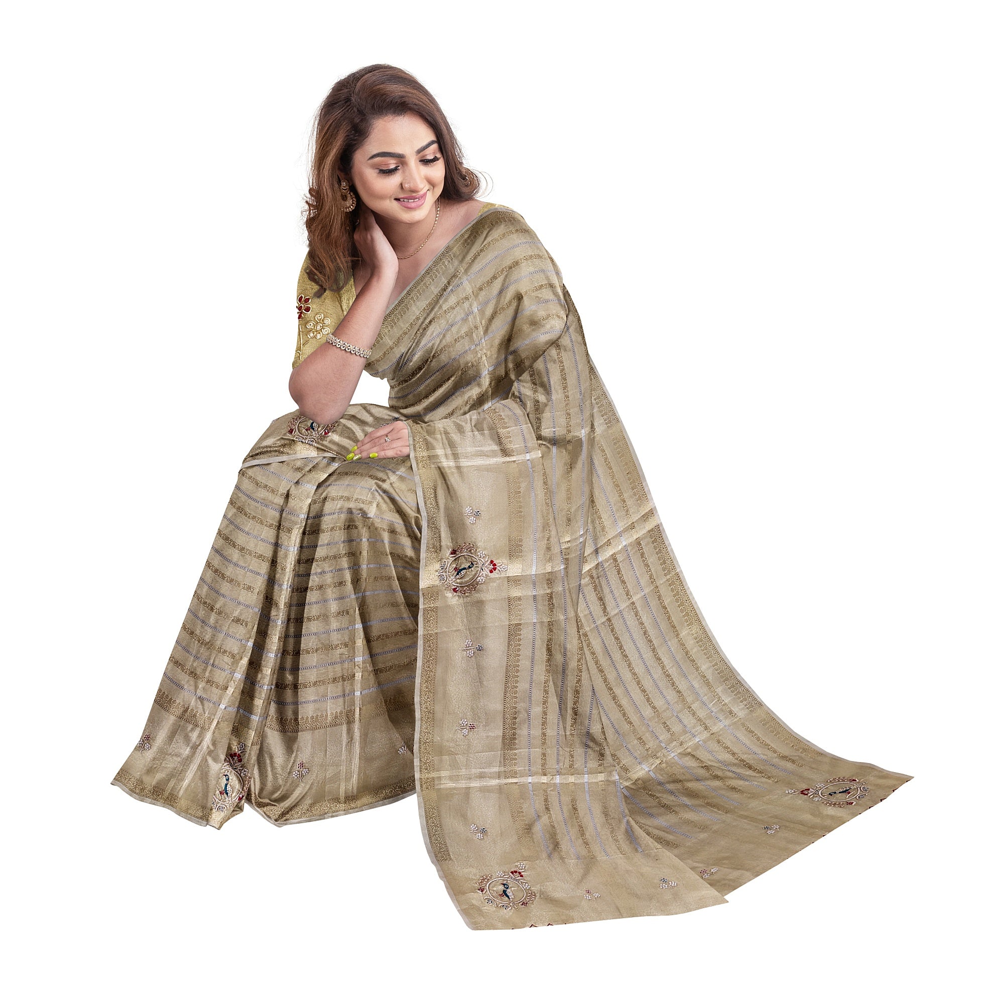 Bridal Gold Tissue Saree Red & Green – Beaded Embroidery – Premium Wedding Wear