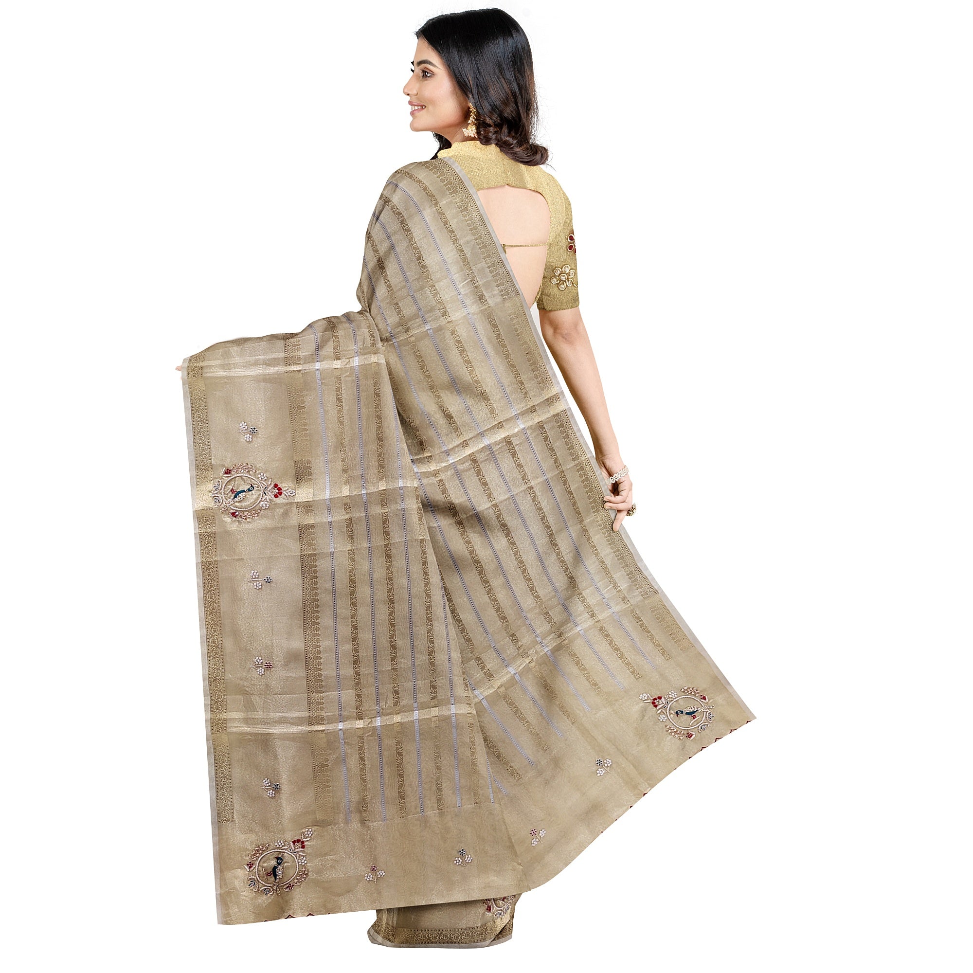 Bridal Gold Tissue Saree Red & Green – Beaded Embroidery – Premium Wedding Wear