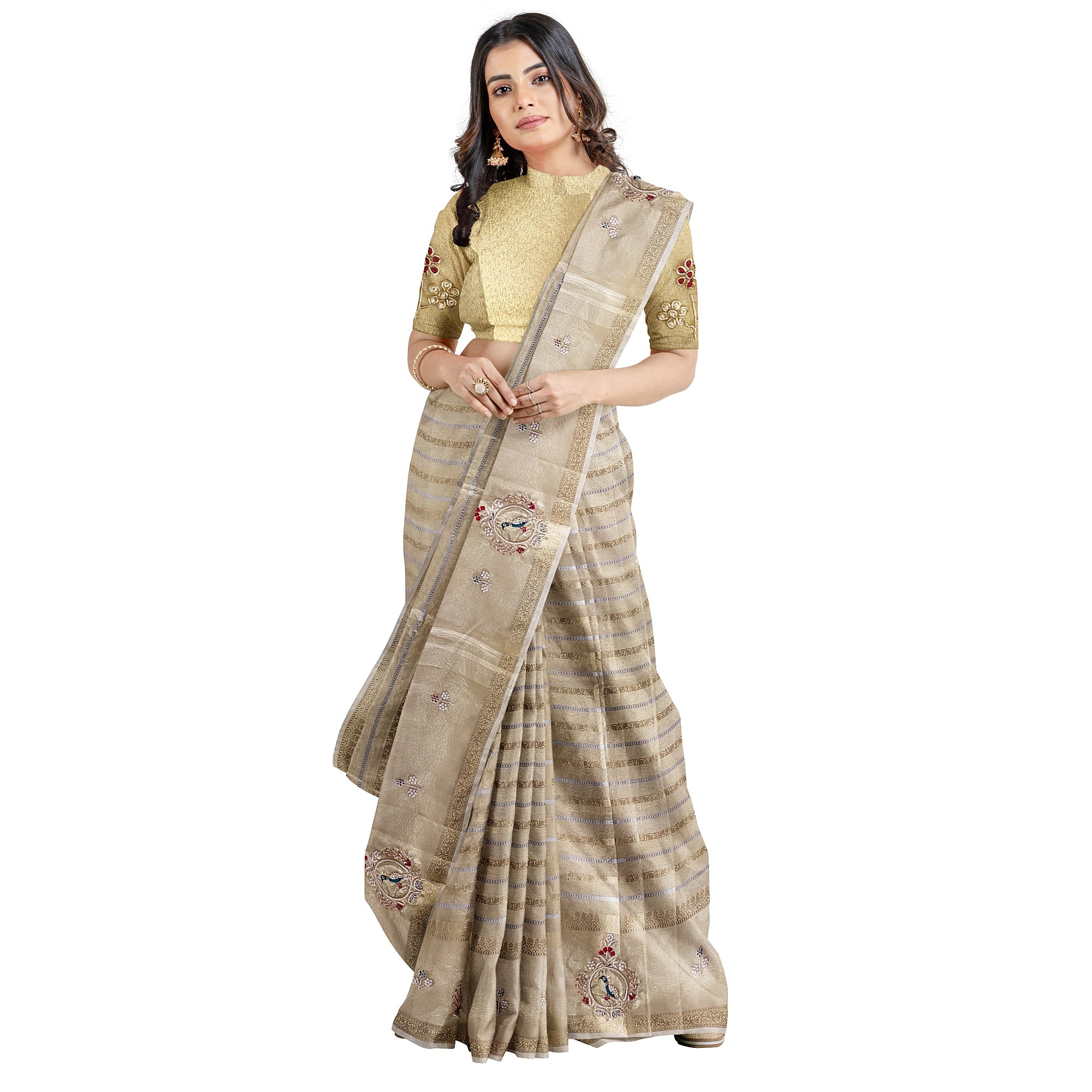 Bridal Gold Tissue Saree Red & Green – Beaded Embroidery – Premium Wedding Wear