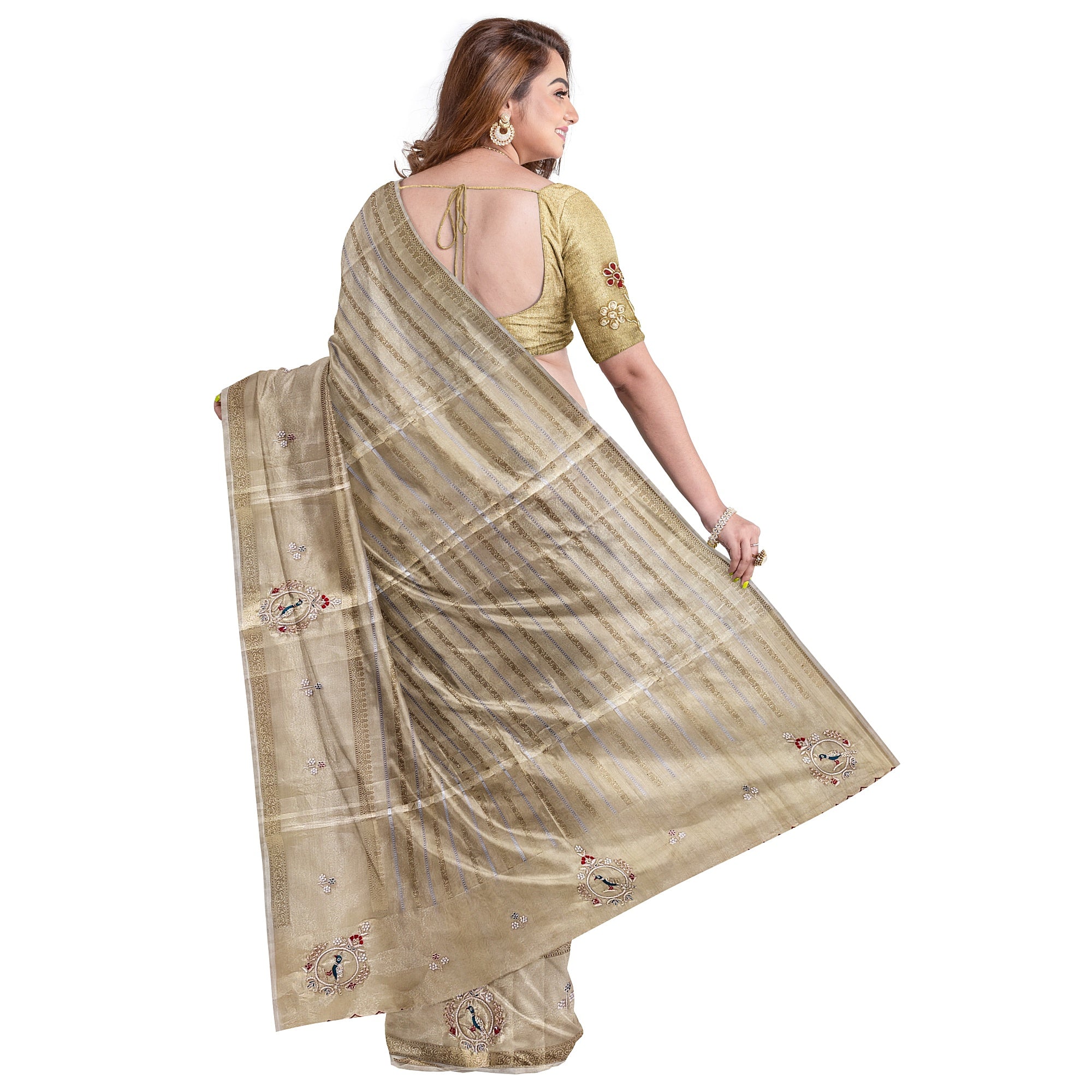 Bridal Gold Tissue Saree Red & Green – Beaded Embroidery – Premium Wedding Wear