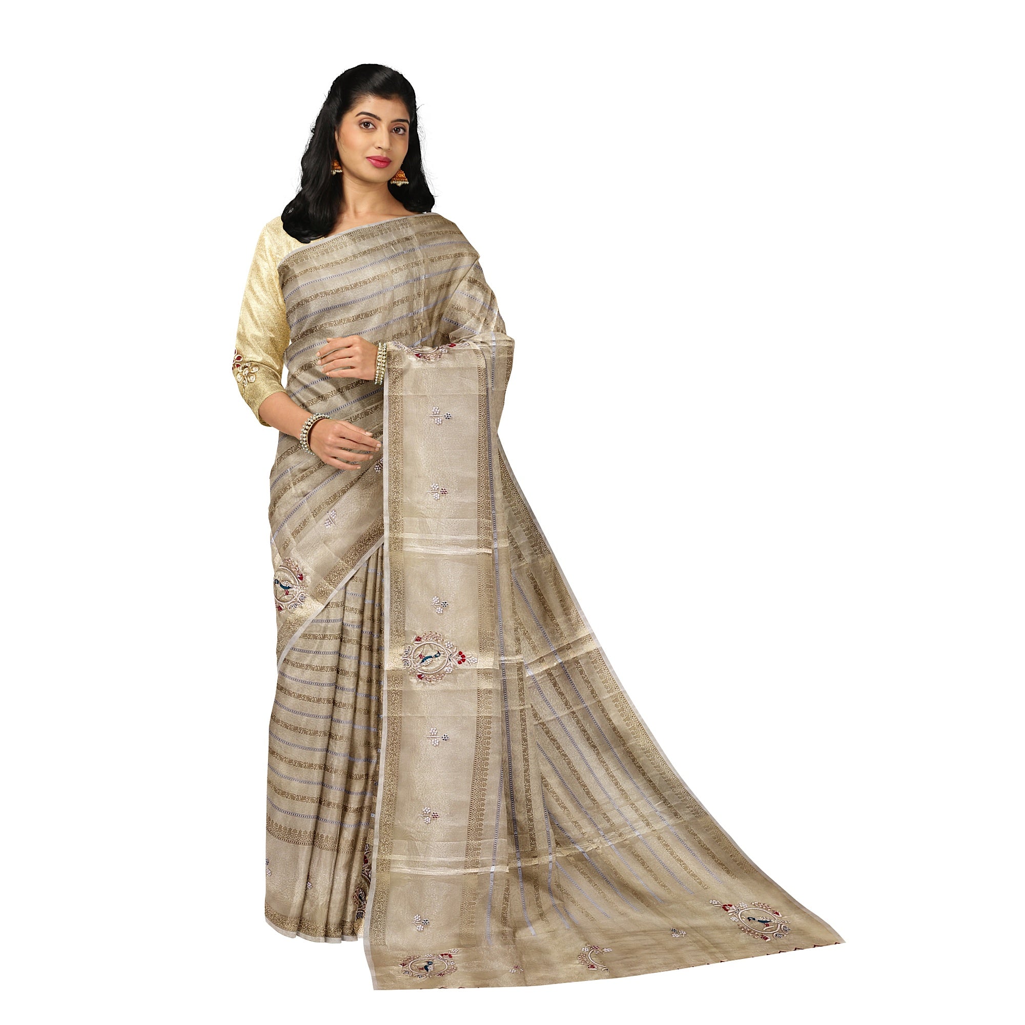 Bridal Gold Tissue Saree Red & Green – Beaded Embroidery – Premium Wedding Wear