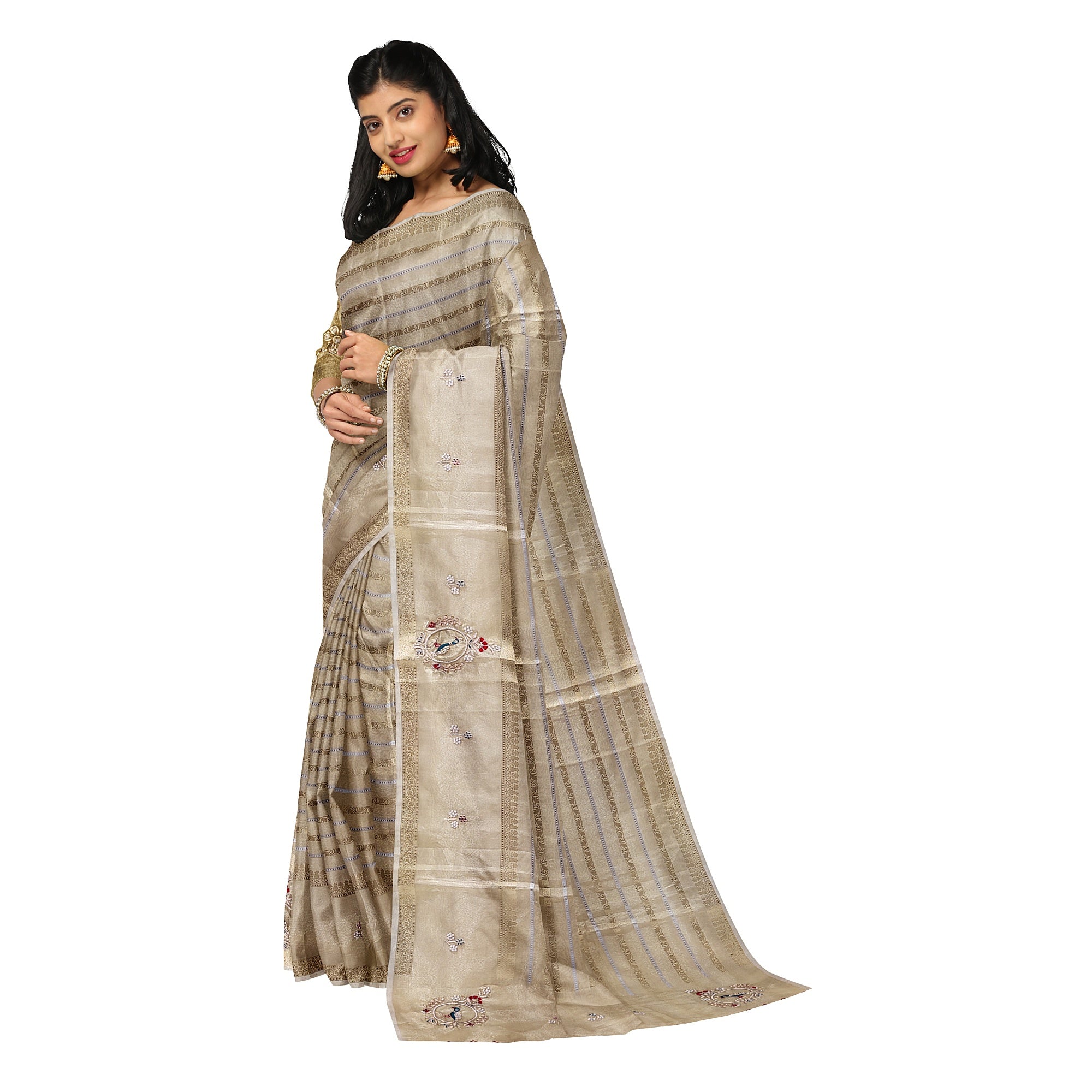 Bridal Gold Tissue Saree Red & Green – Beaded Embroidery – Premium Wedding Wear