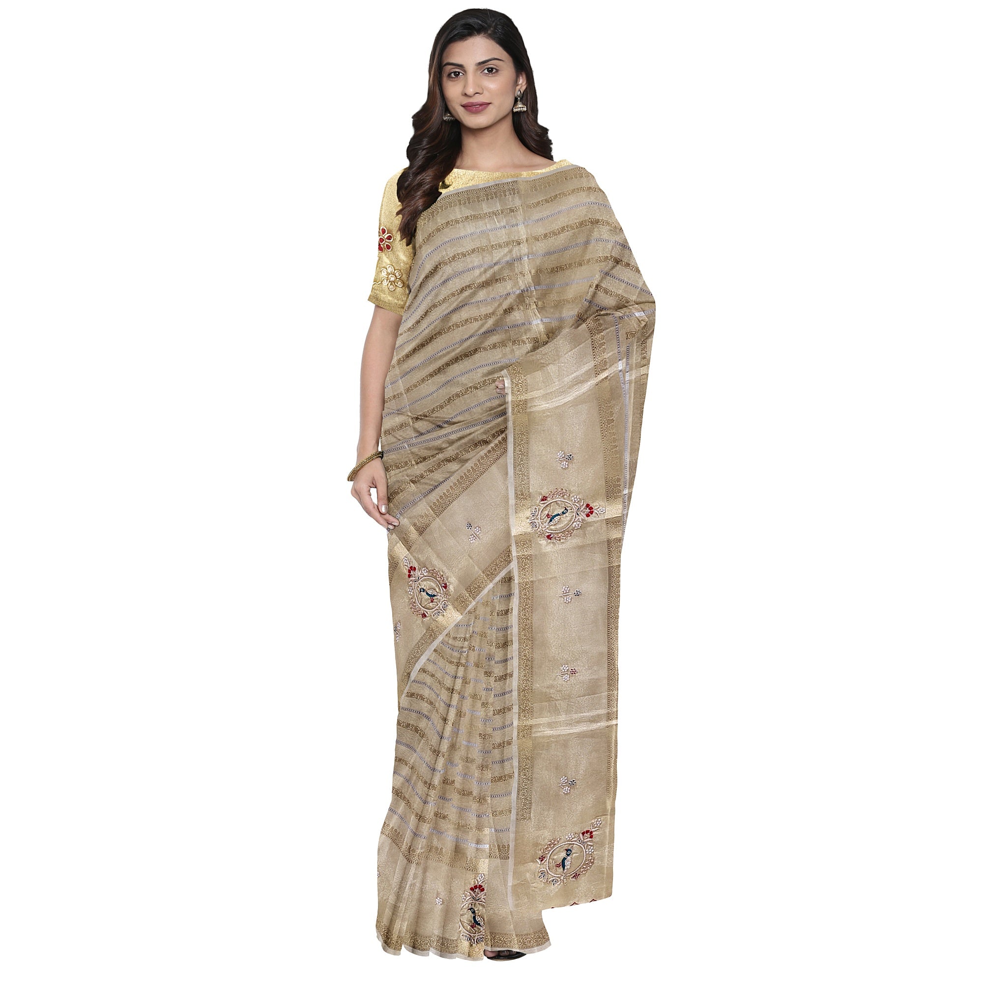 Bridal Gold Tissue Saree Red & Green – Beaded Embroidery – Premium Wedding Wear