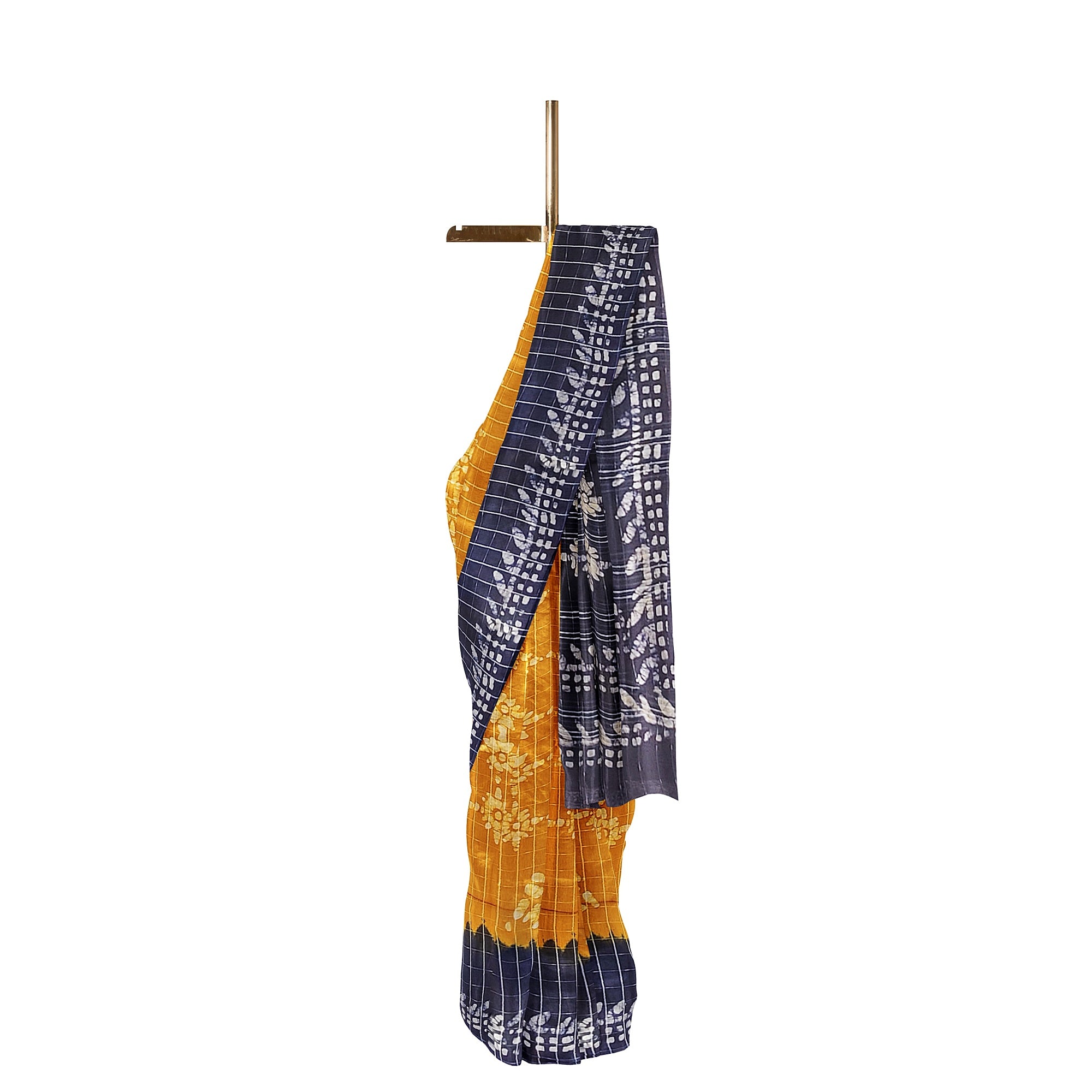 Mustard Yellow Batik Print Saree – Navy Blue Border – Shop Online