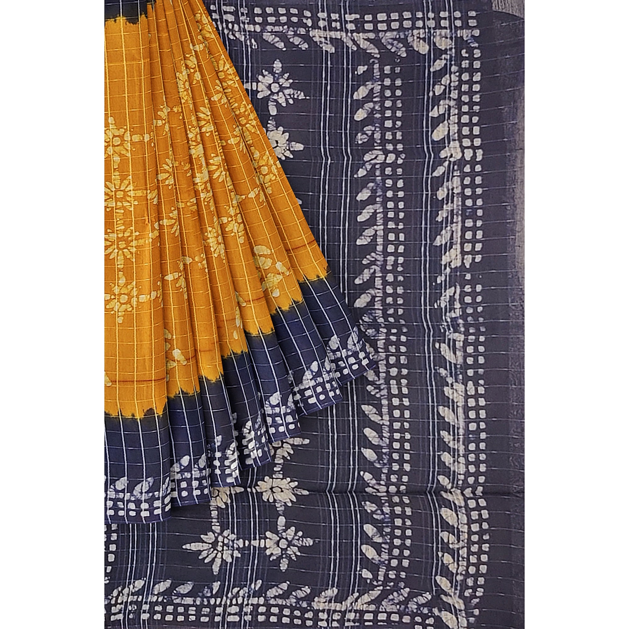 Mustard Yellow Batik Print Saree – Navy Blue Border – Shop Online