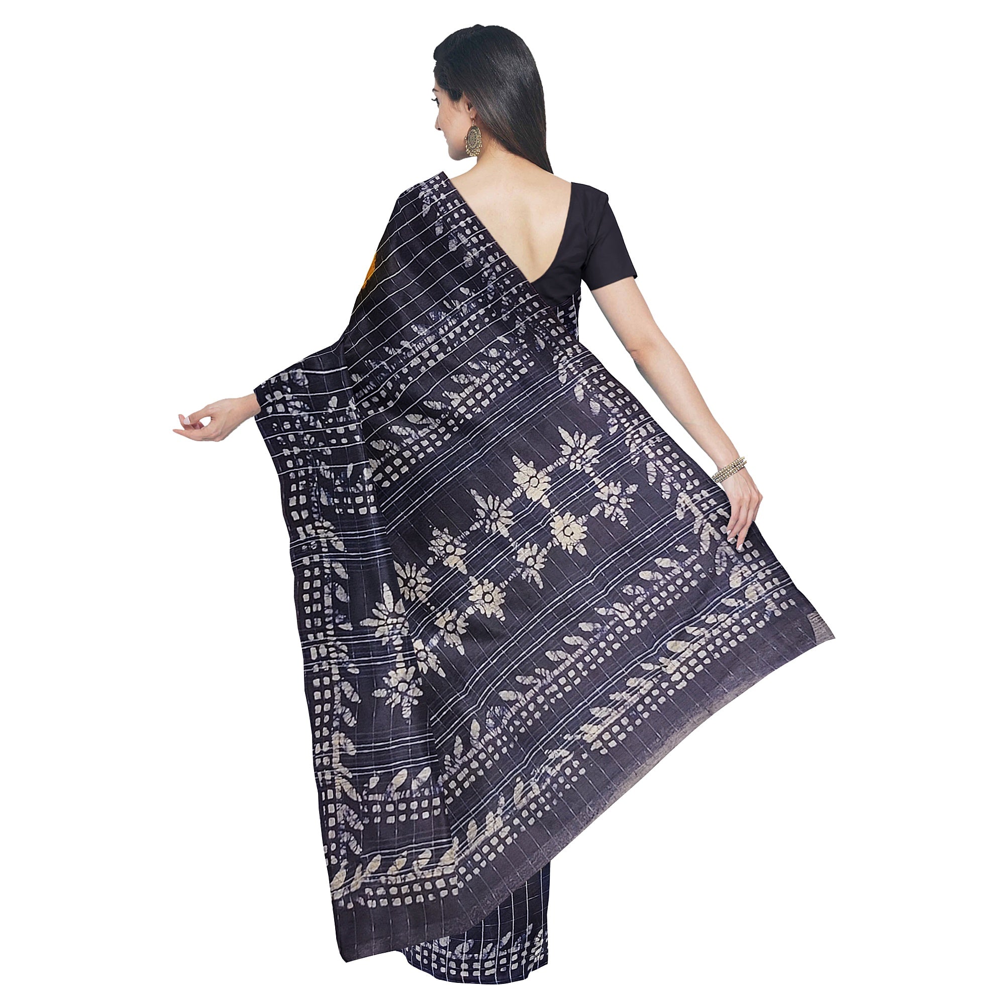 Mustard Yellow Batik Print Saree – Navy Blue Border – Shop Online