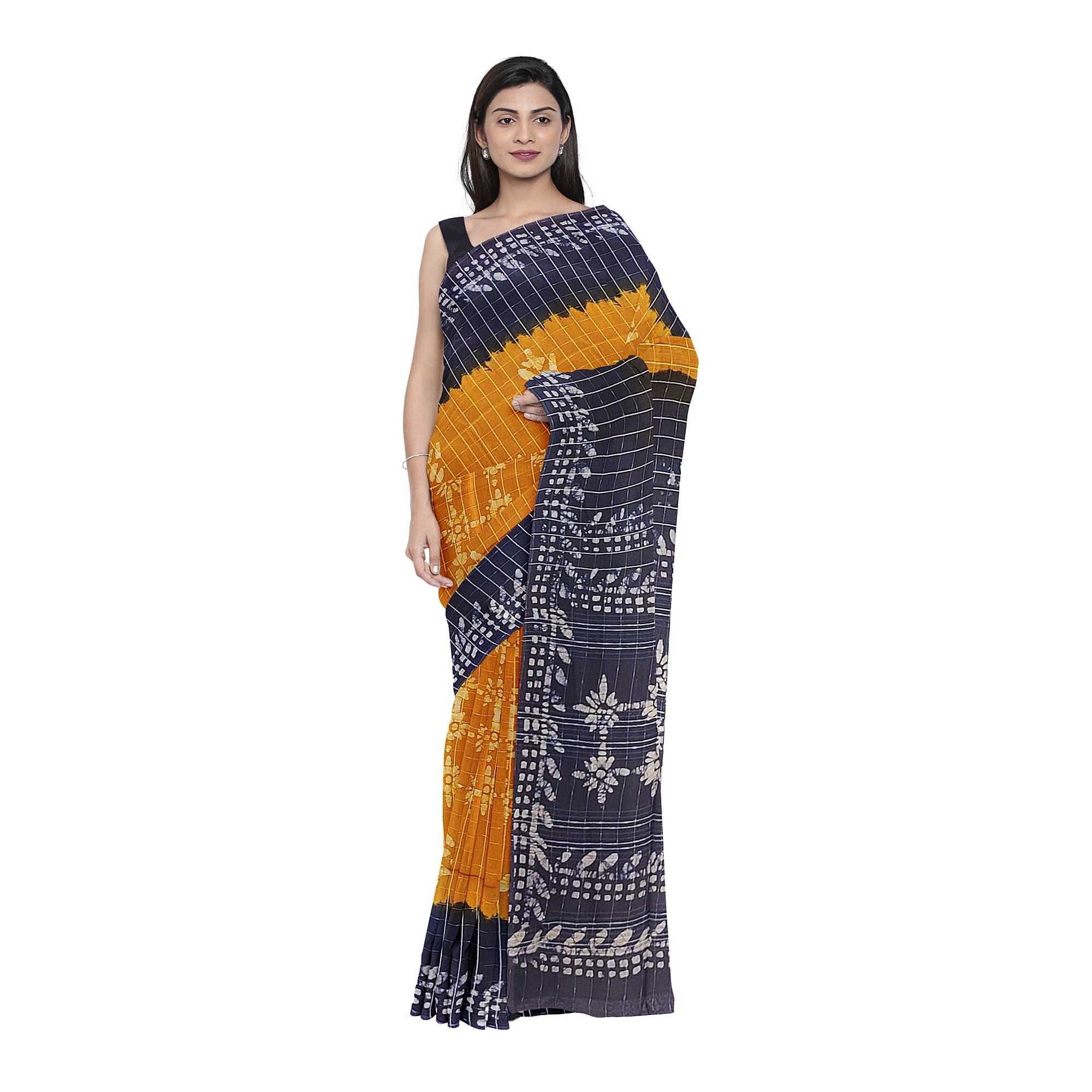 Mustard Yellow Batik Print Saree – Navy Blue Border – Shop Online