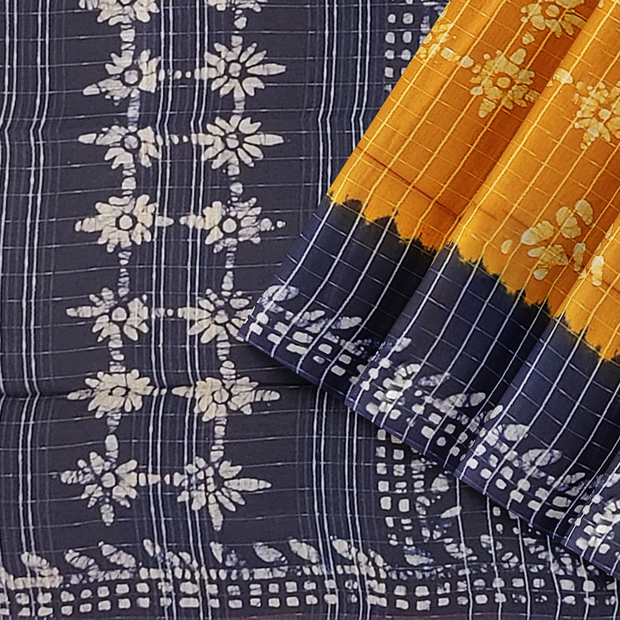 Mustard Yellow Batik Print Saree – Navy Blue Border – Shop Online