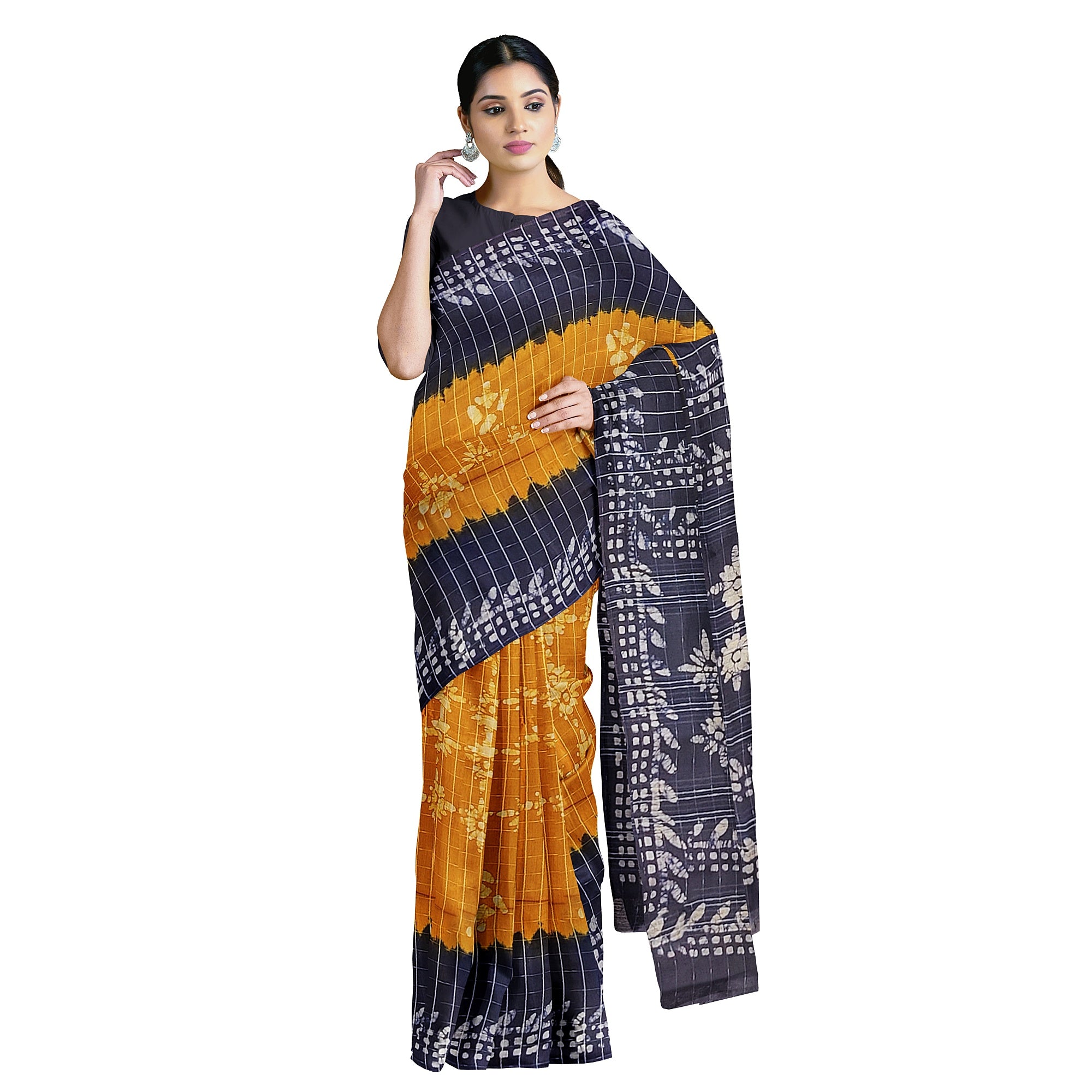 Mustard Yellow Batik Print Saree – Navy Blue Border – Shop Online