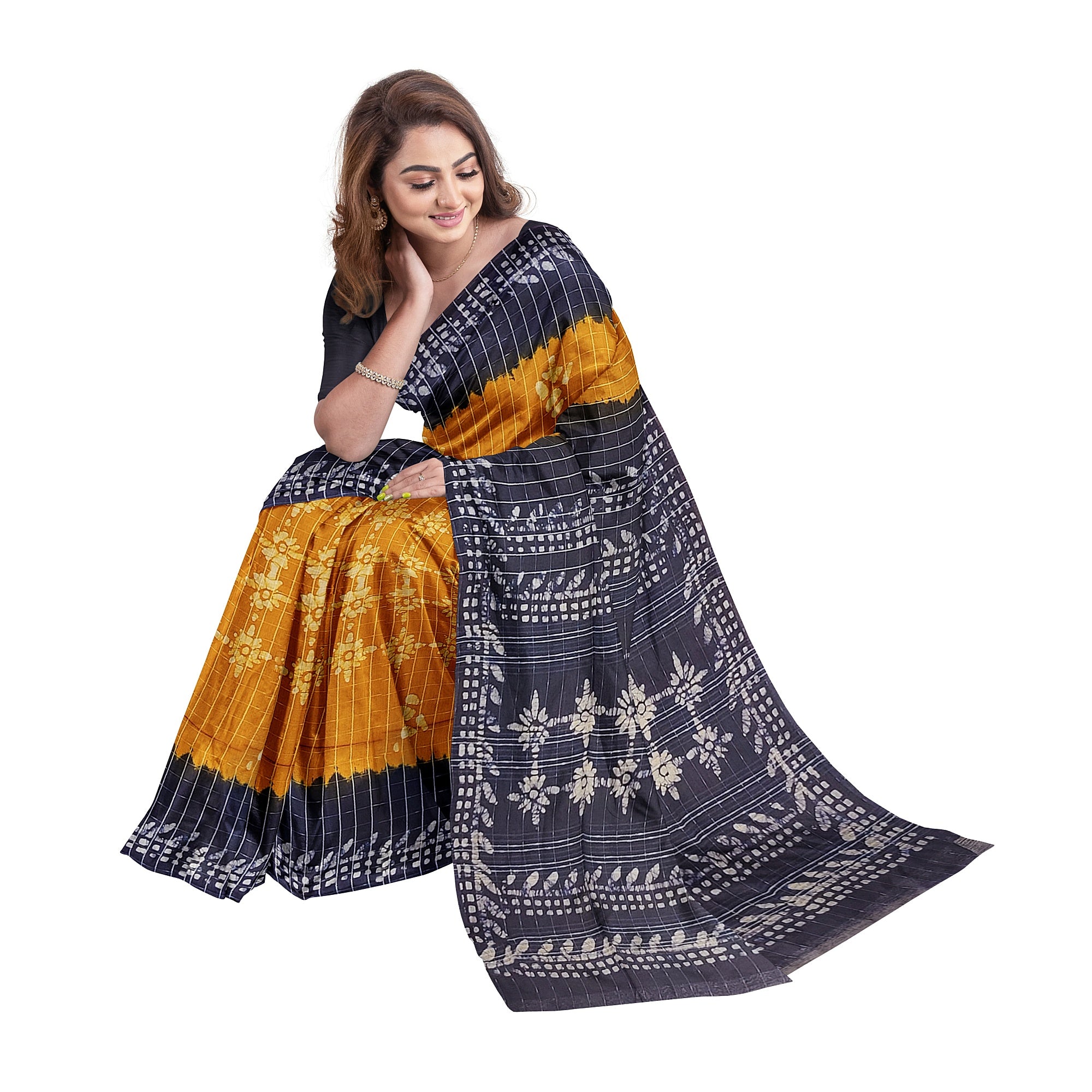 Mustard Yellow Batik Print Saree – Navy Blue Border – Shop Online
