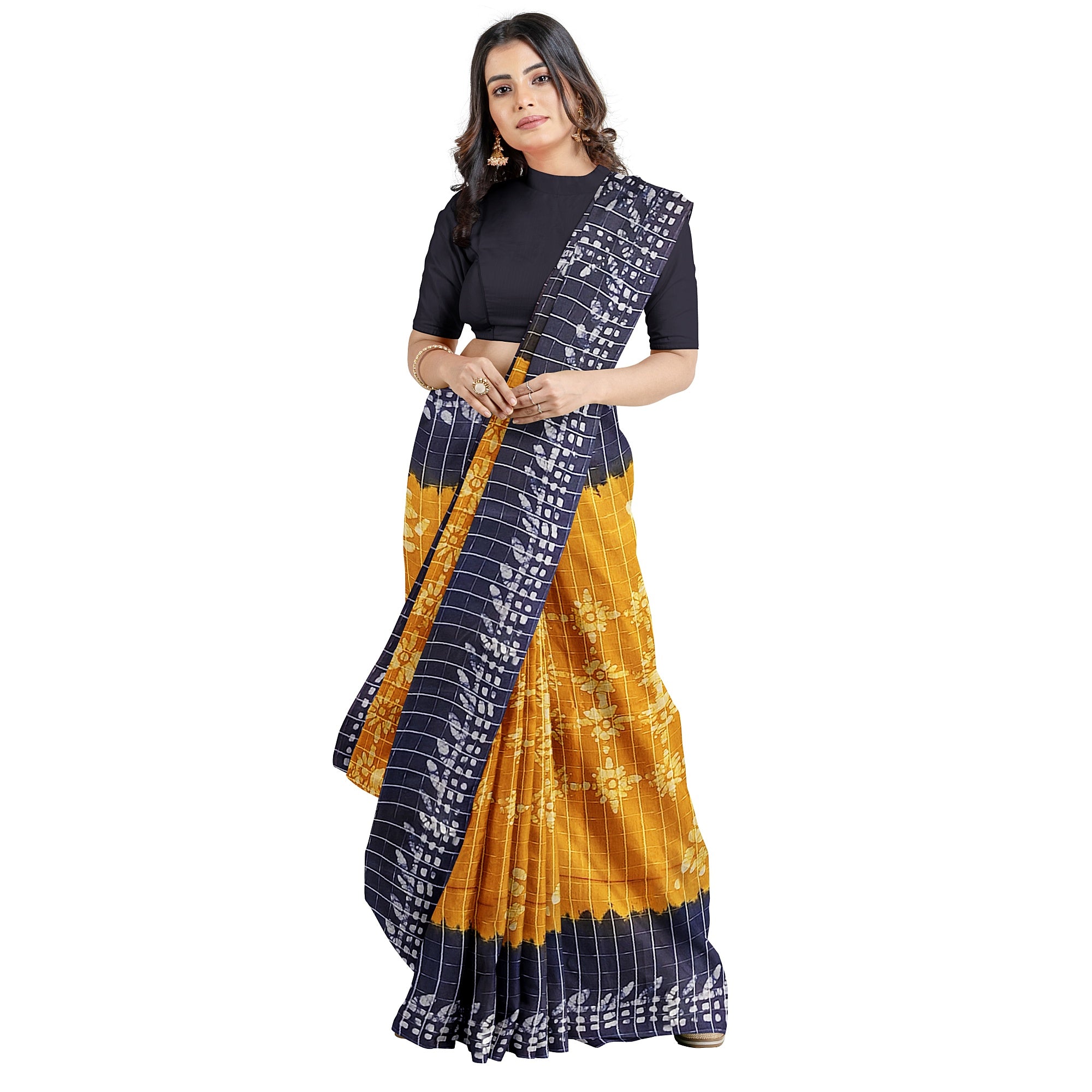 Mustard Yellow Batik Print Saree – Navy Blue Border – Shop Online