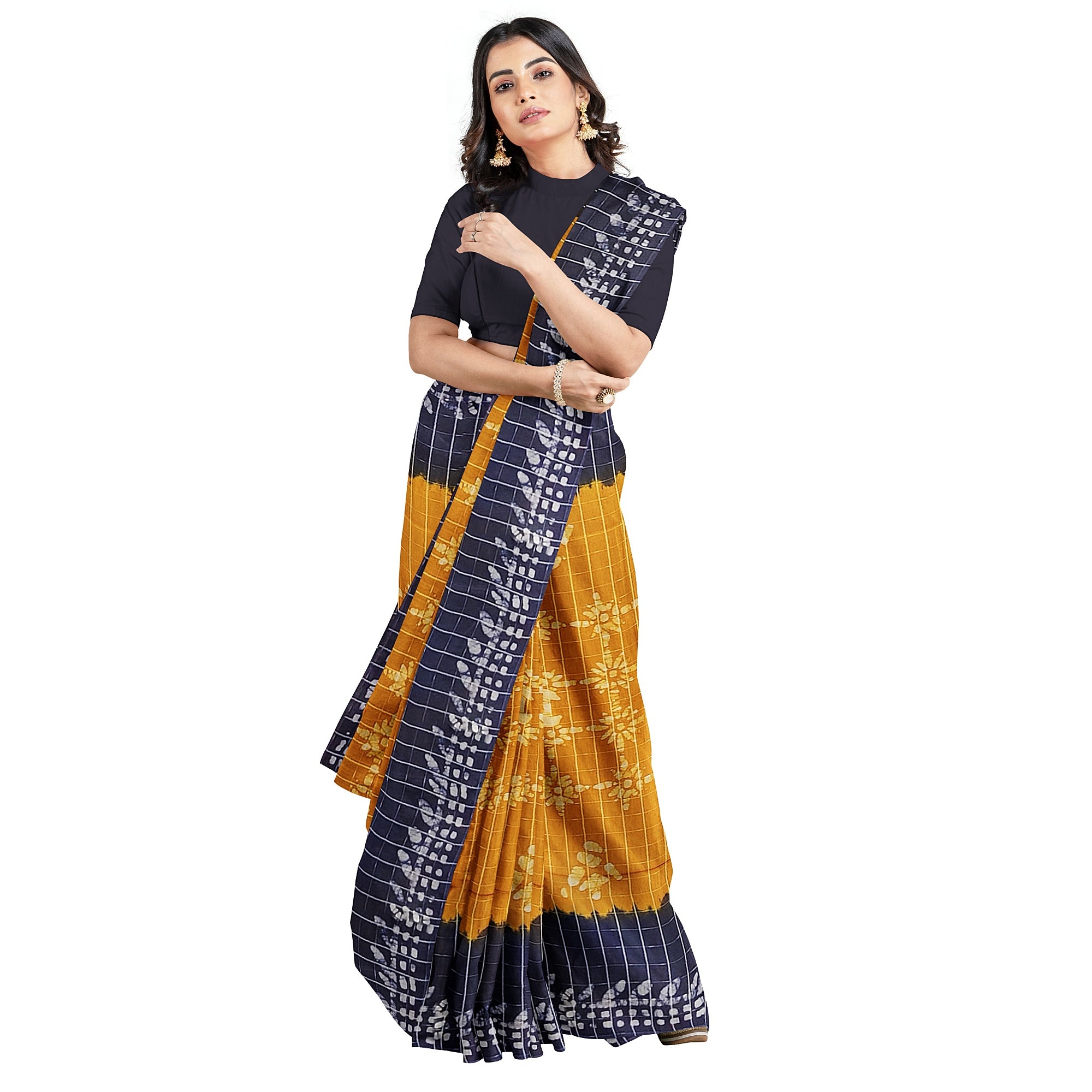 Mustard Yellow Batik Print Saree – Navy Blue Border – Shop Online