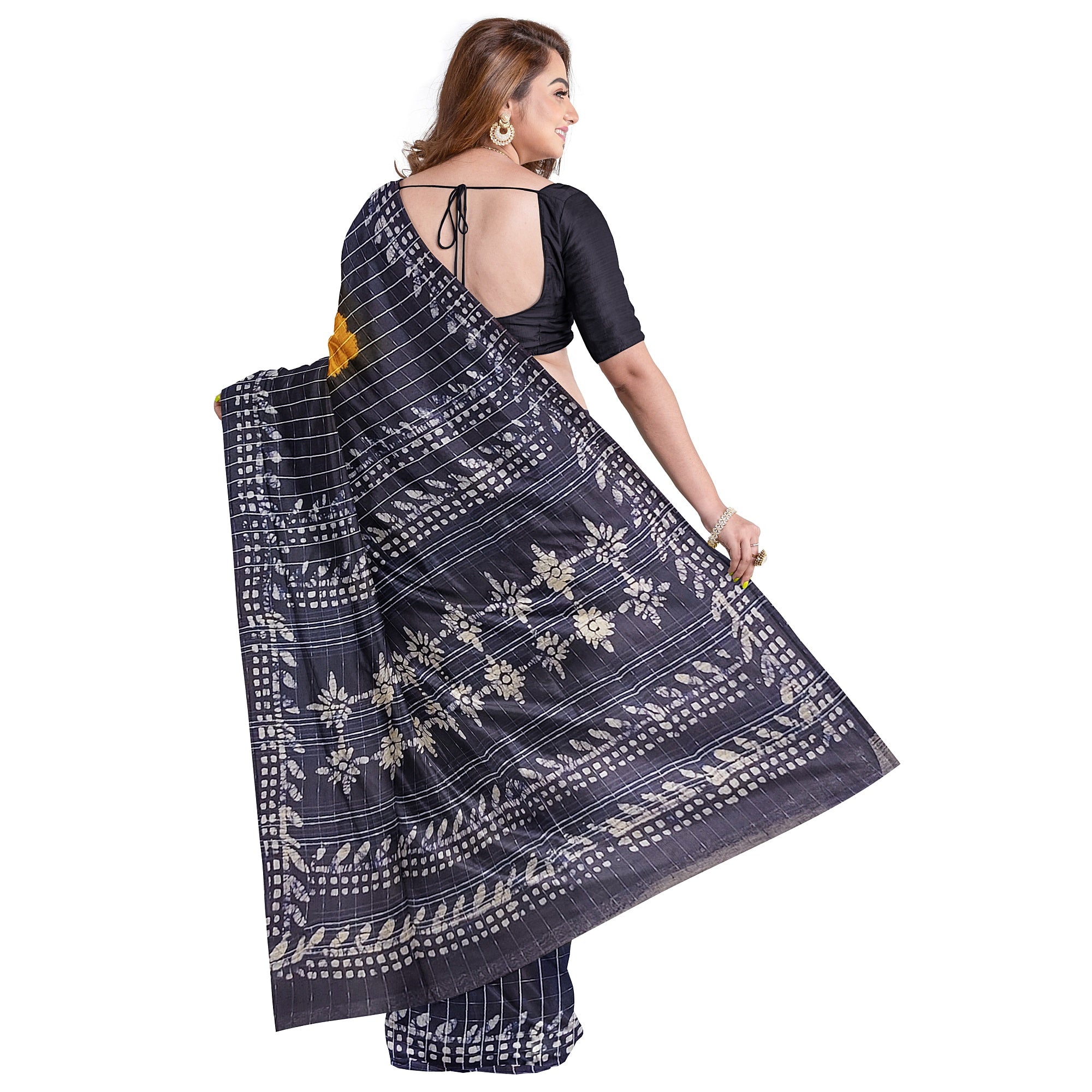 Mustard Yellow Batik Print Saree – Navy Blue Border – Shop Online