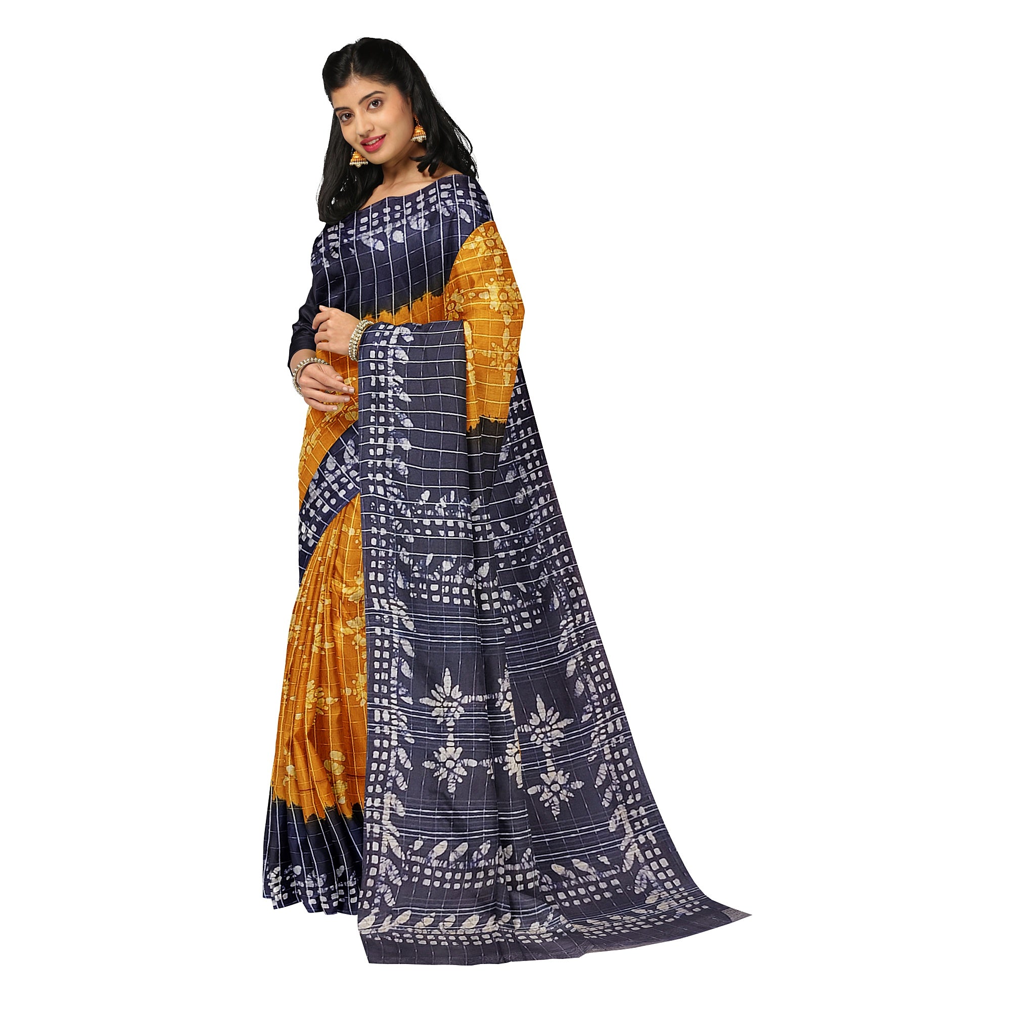 Mustard Yellow Batik Print Saree – Navy Blue Border – Shop Online