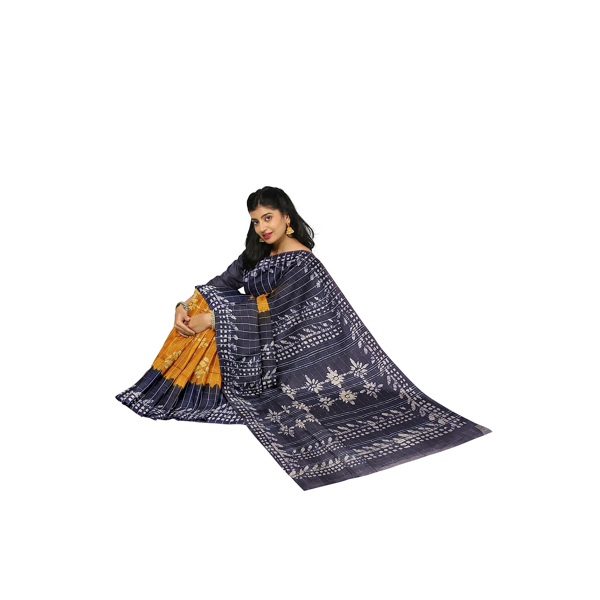 Mustard Yellow Batik Print Saree – Navy Blue Border – Shop Online