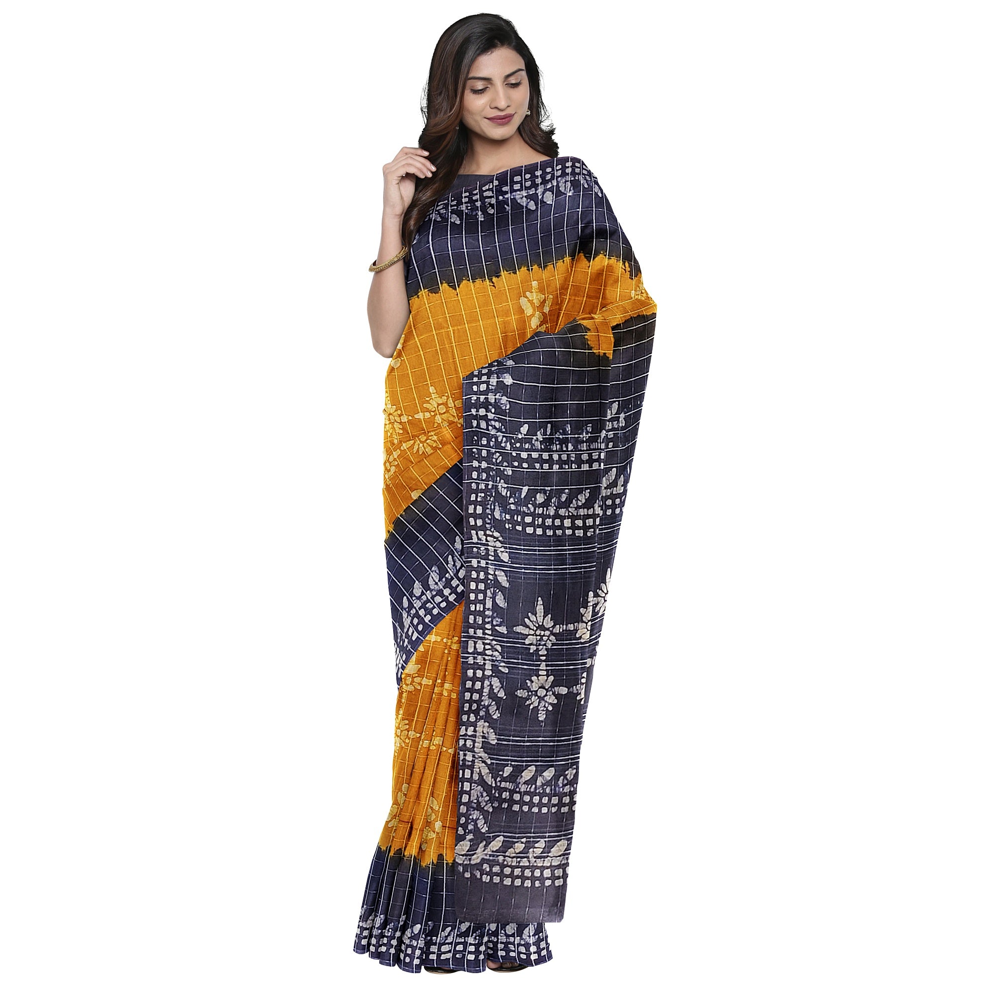 Mustard Yellow Batik Print Saree – Navy Blue Border – Shop Online