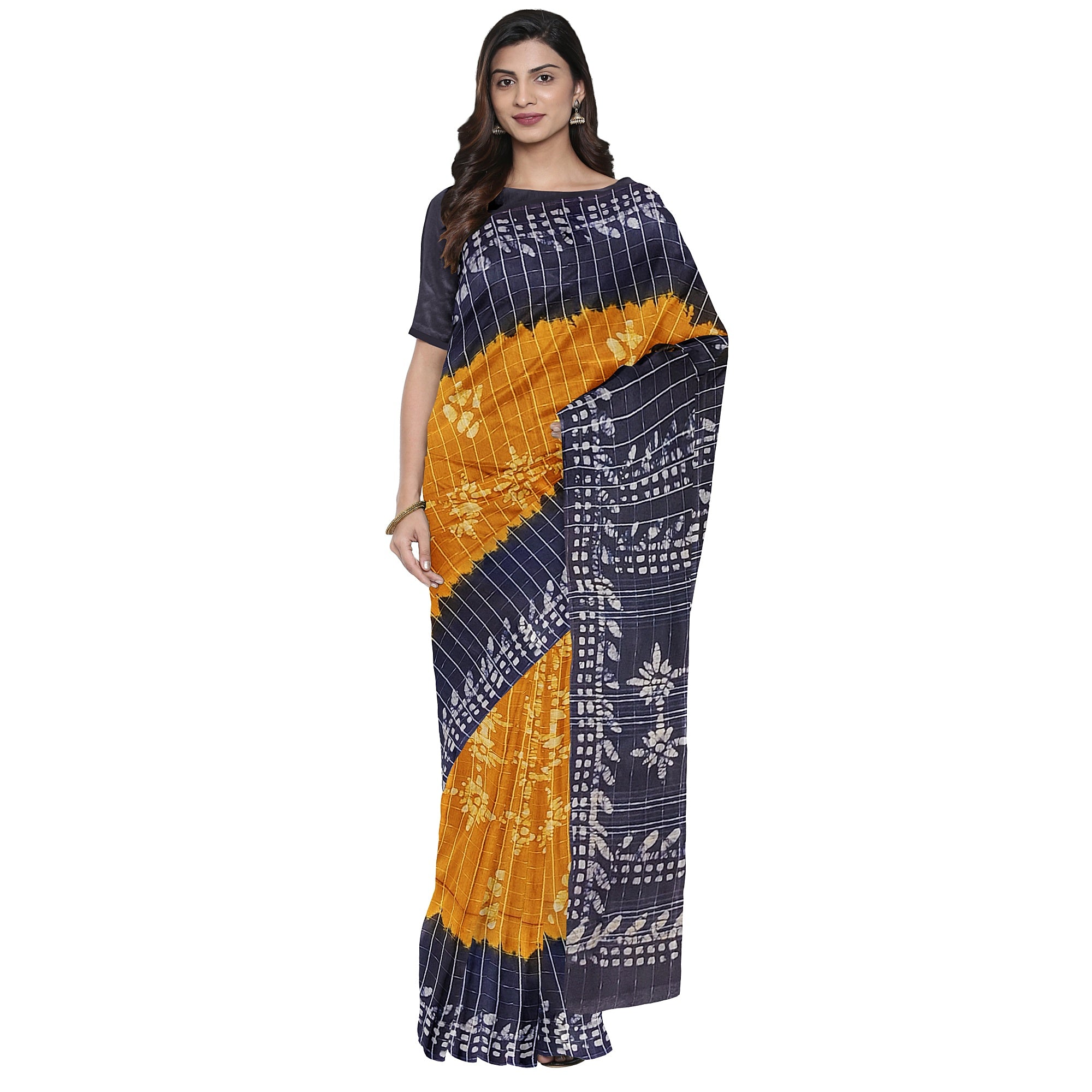 Mustard Yellow Batik Print Saree – Navy Blue Border – Shop Online