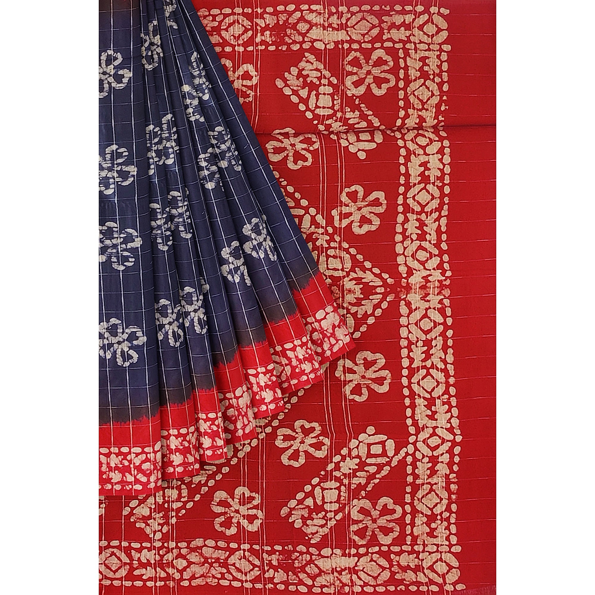 Blue Batik Print Saree – Red Border – Shop Online