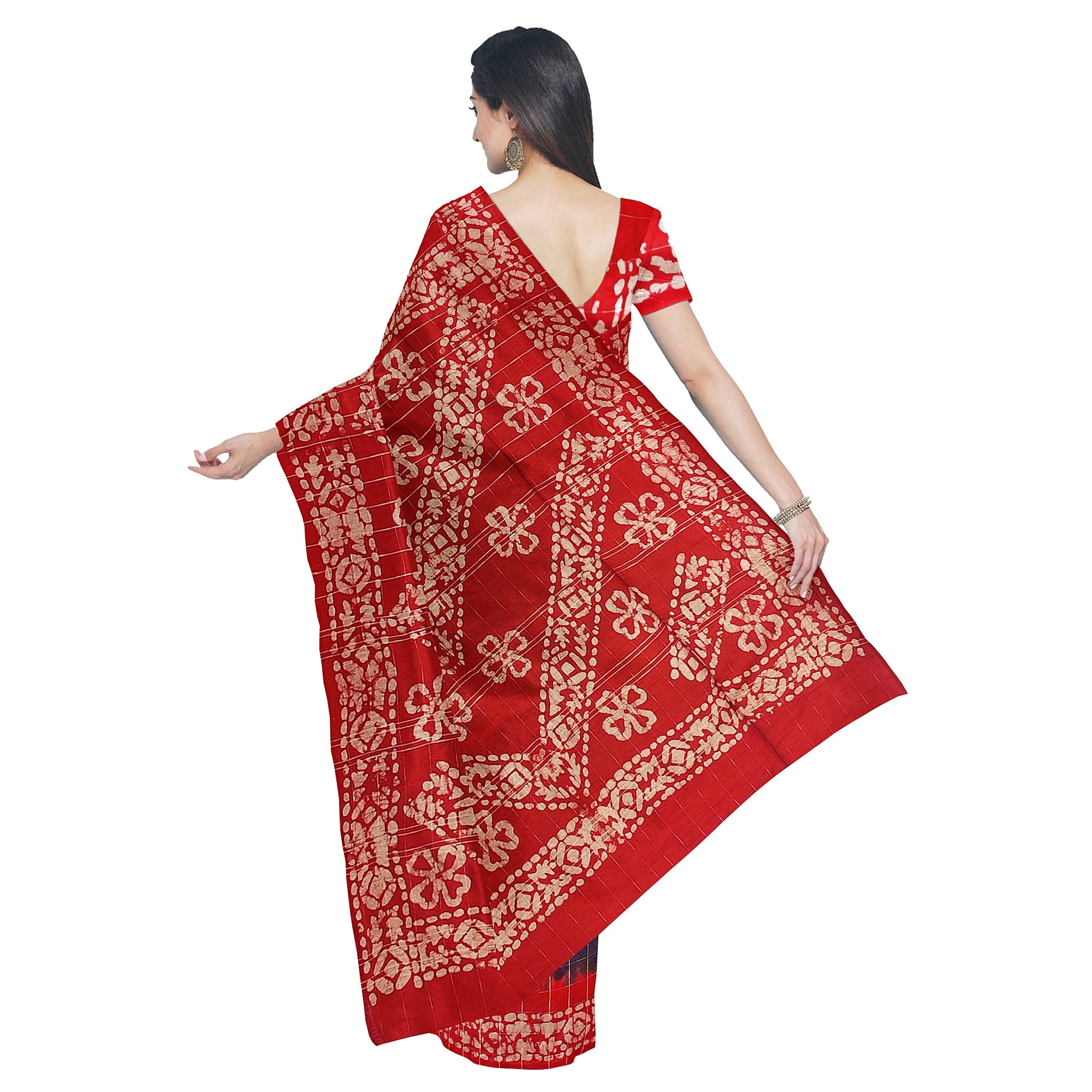 Blue Batik Print Saree – Red Border – Shop Online