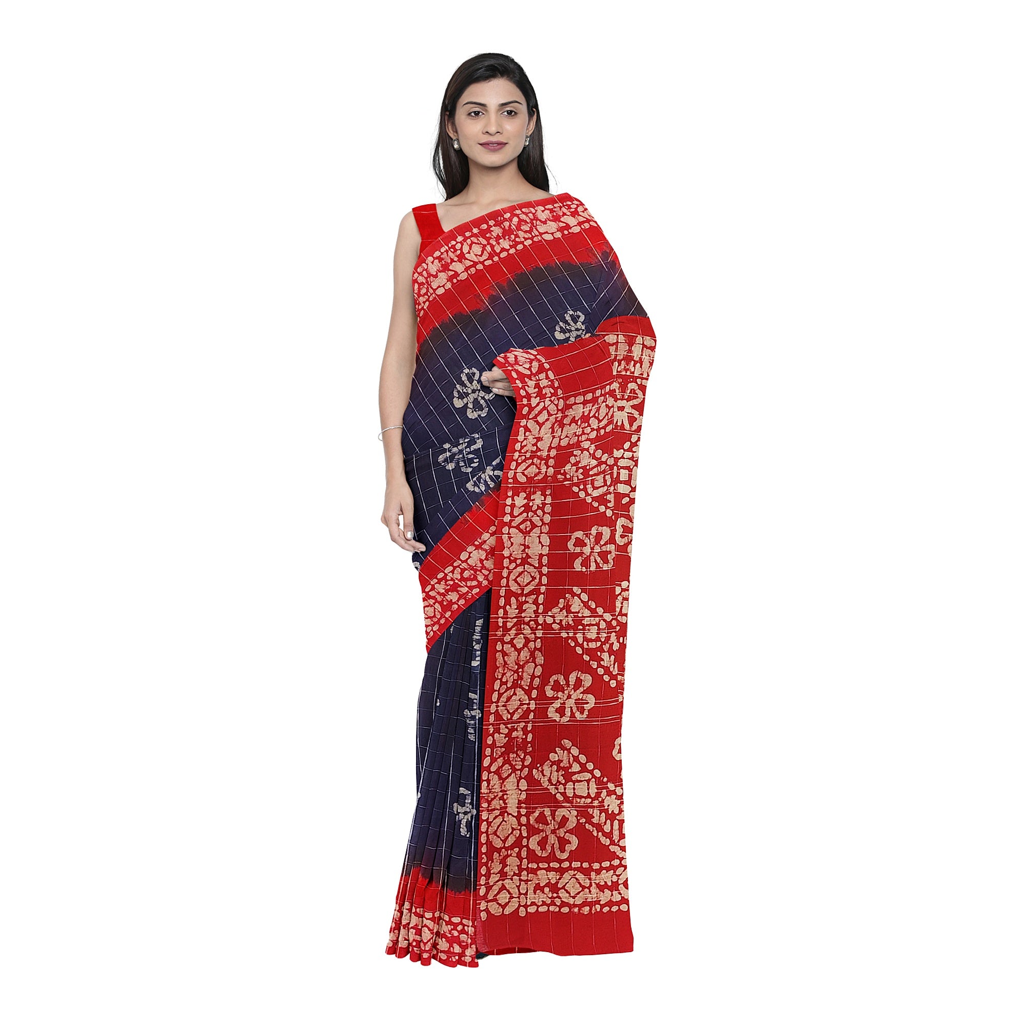 Blue Batik Print Saree – Red Border – Shop Online