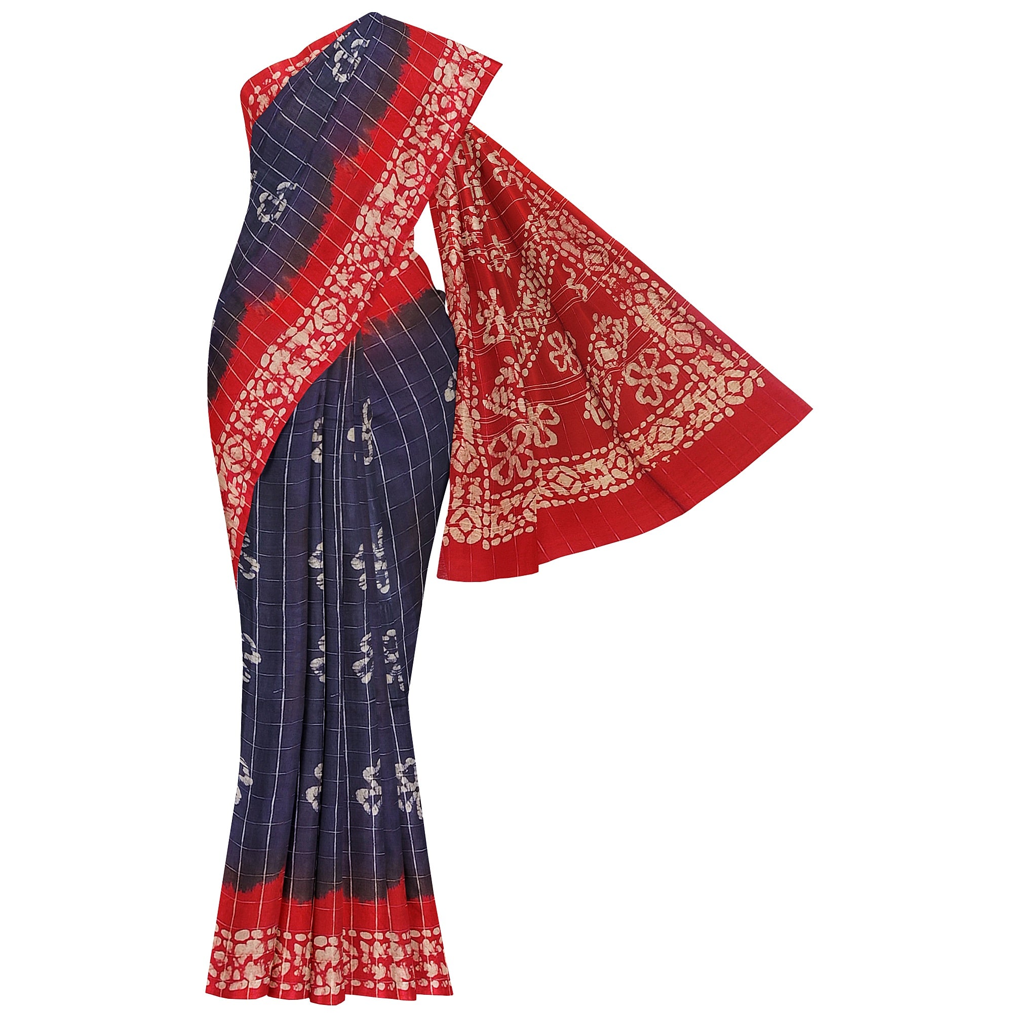 Blue Batik Print Saree – Red Border – Shop Online