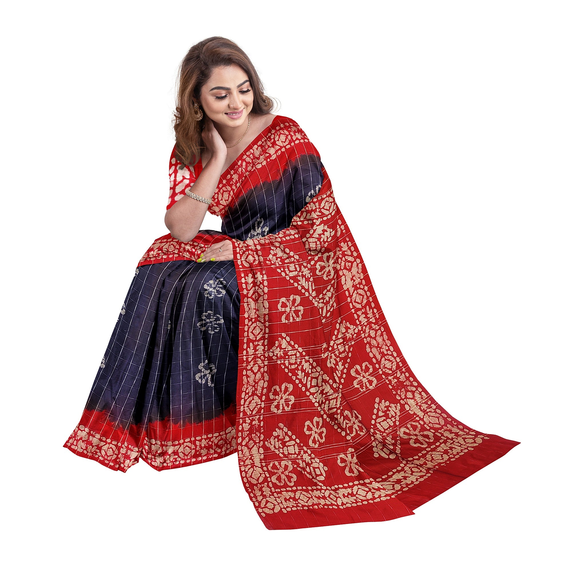 Blue Batik Print Saree – Red Border – Shop Online