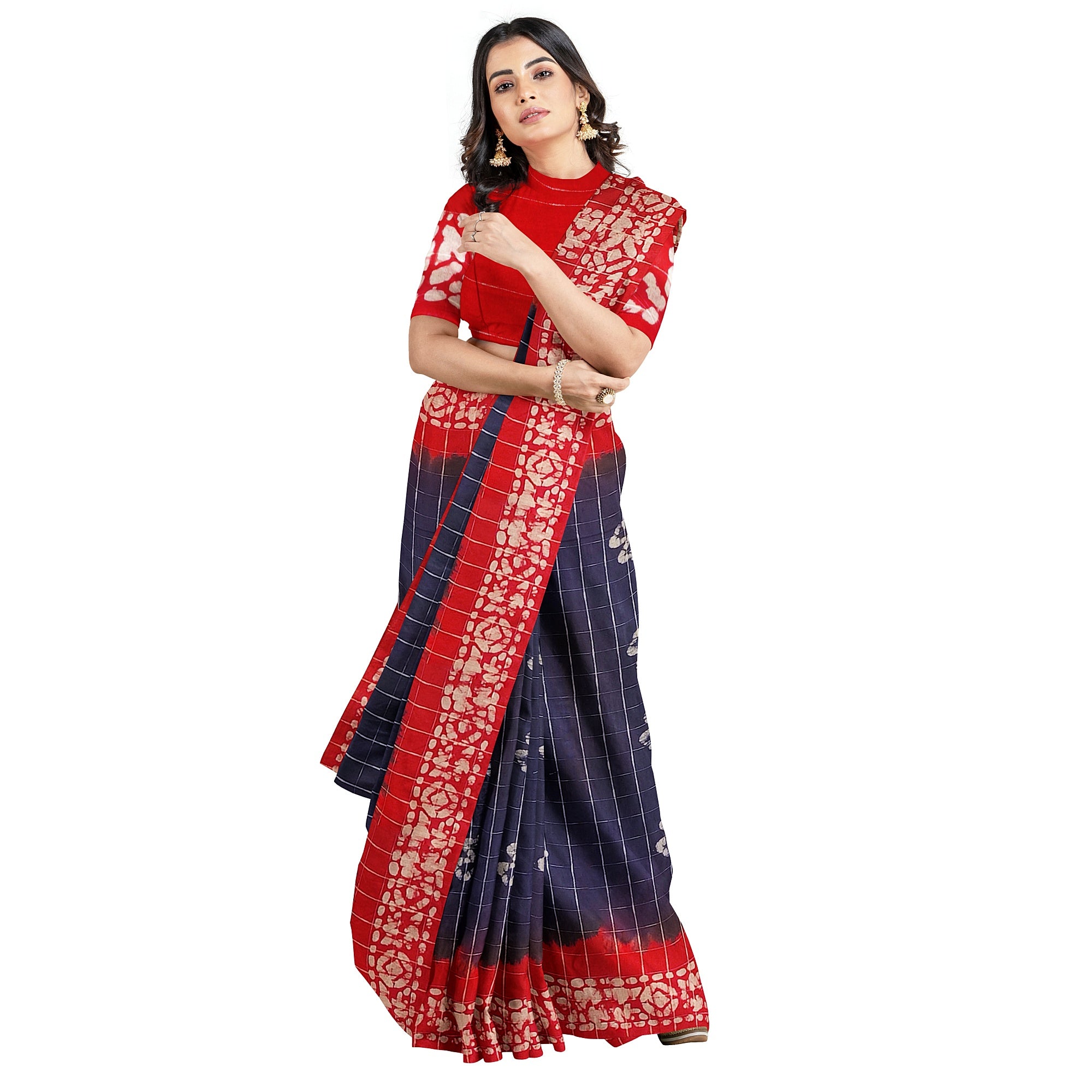 Blue Batik Print Saree – Red Border – Shop Online