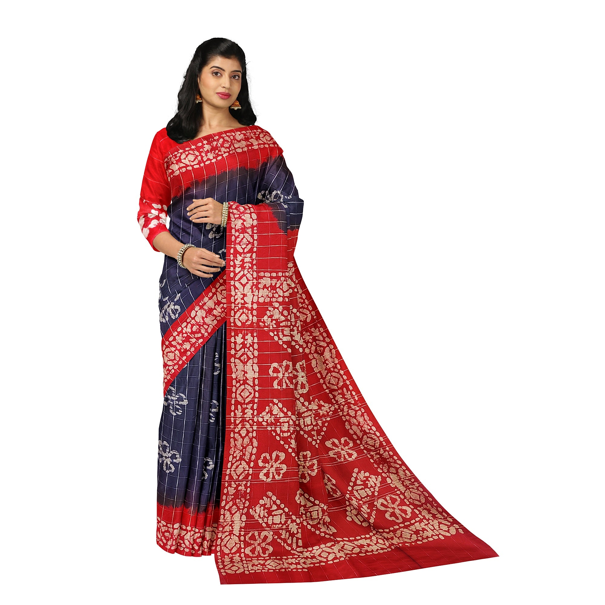 Blue Batik Print Saree – Red Border – Shop Online