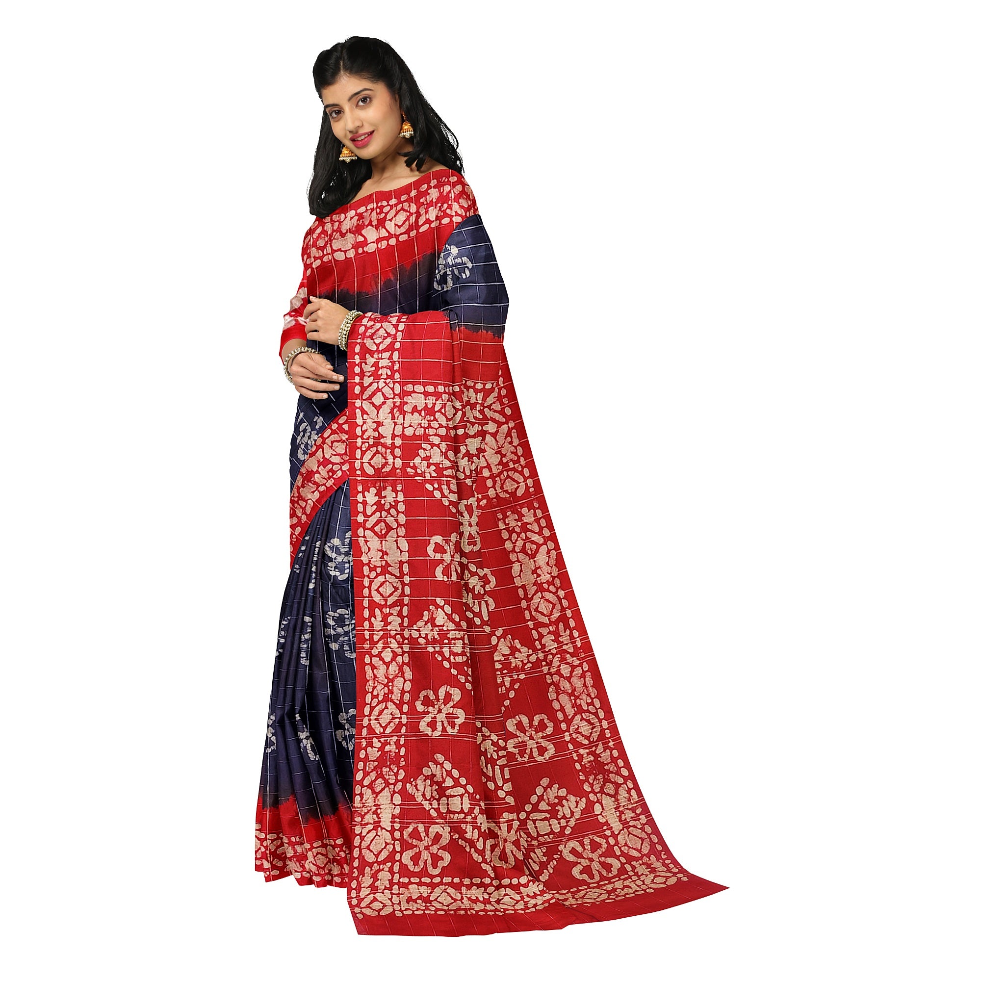 Blue Batik Print Saree – Red Border – Shop Online