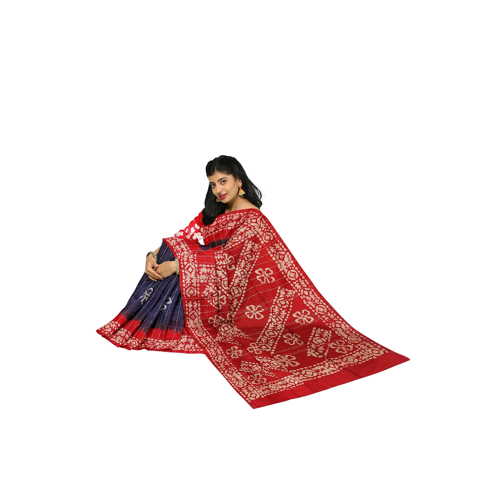 Blue Batik Print Saree – Red Border – Shop Online