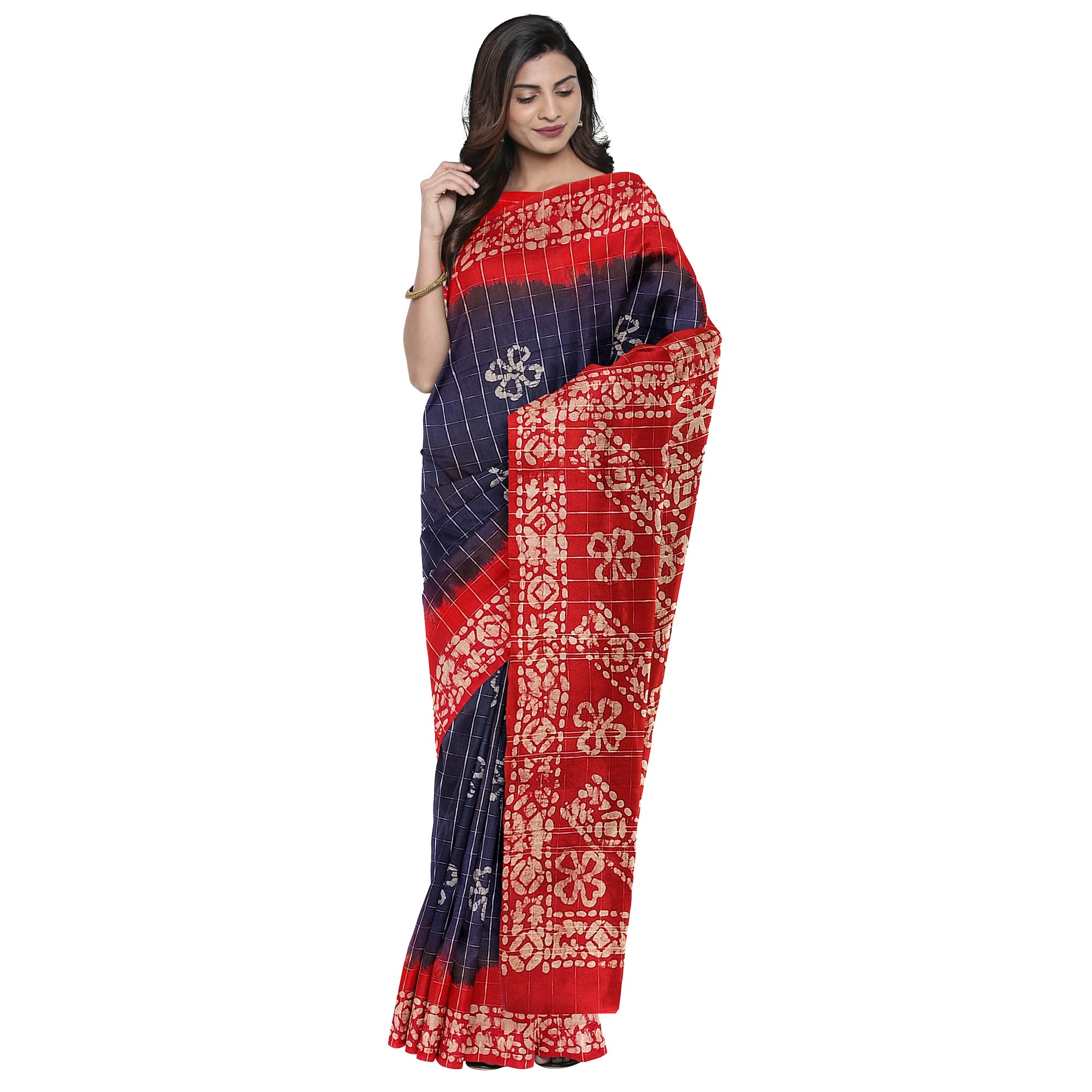 Blue Batik Print Saree – Red Border – Shop Online