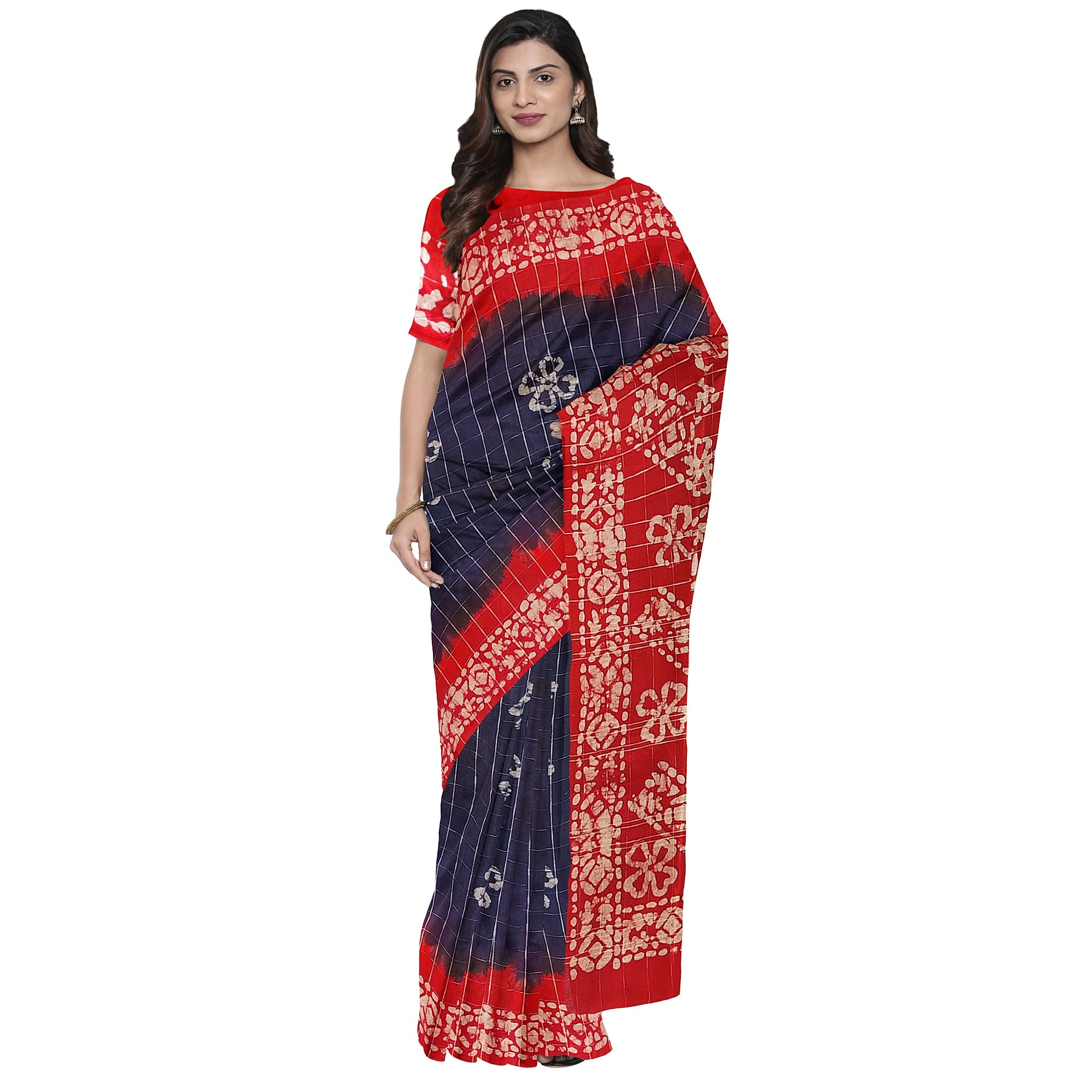 Blue Batik Print Saree – Red Border – Shop Online