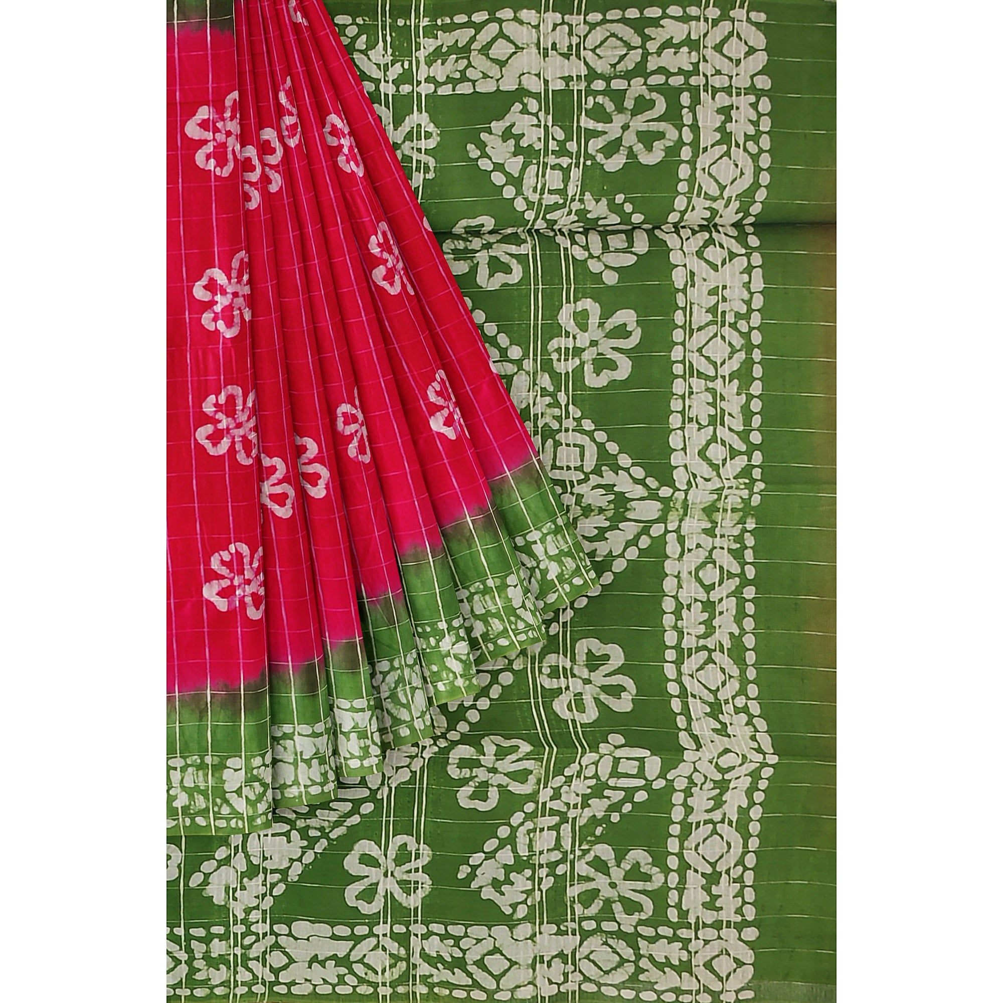 Pink Batik Print Saree – Parrot Green Border – Shop Online
