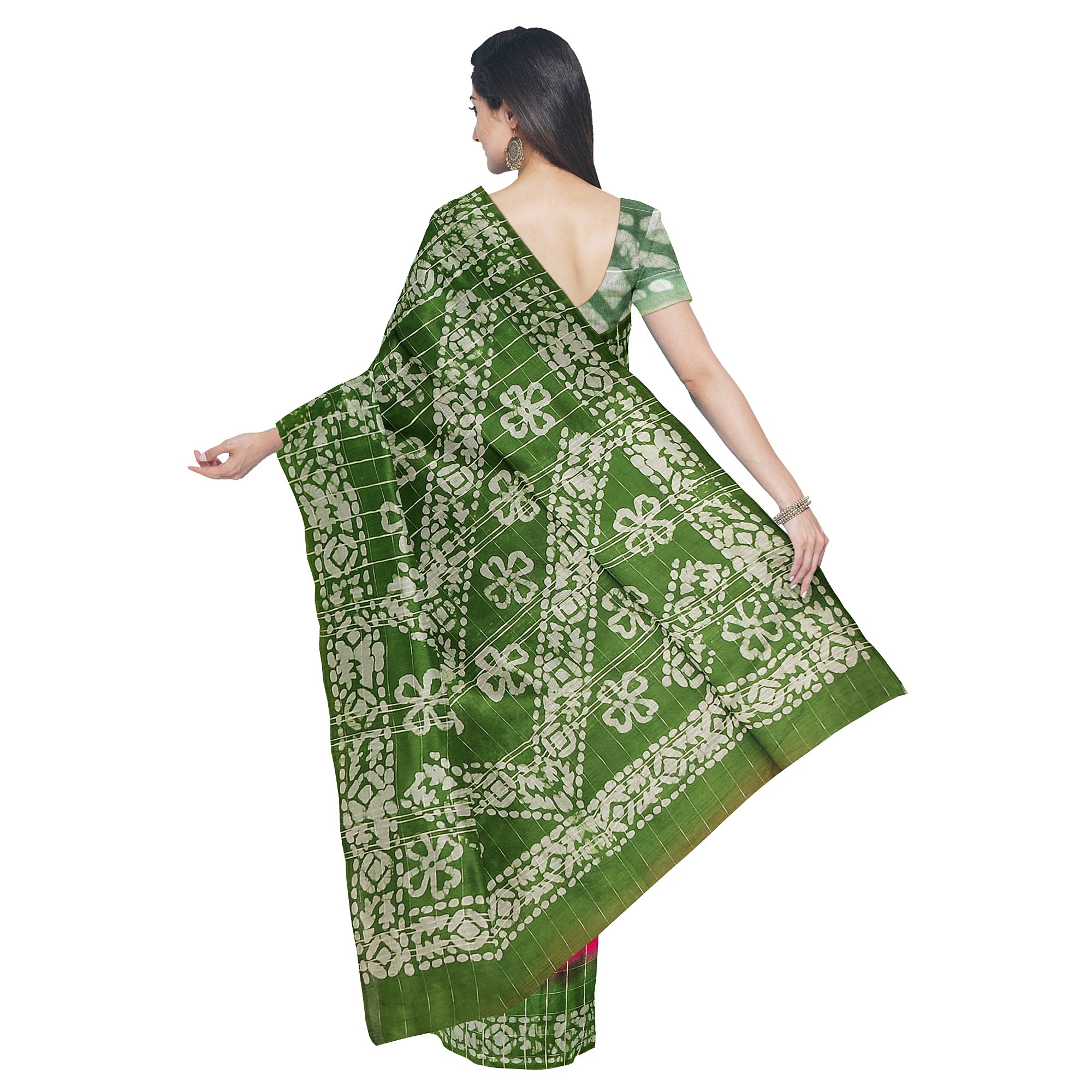 Pink Batik Print Saree – Parrot Green Border – Shop Online