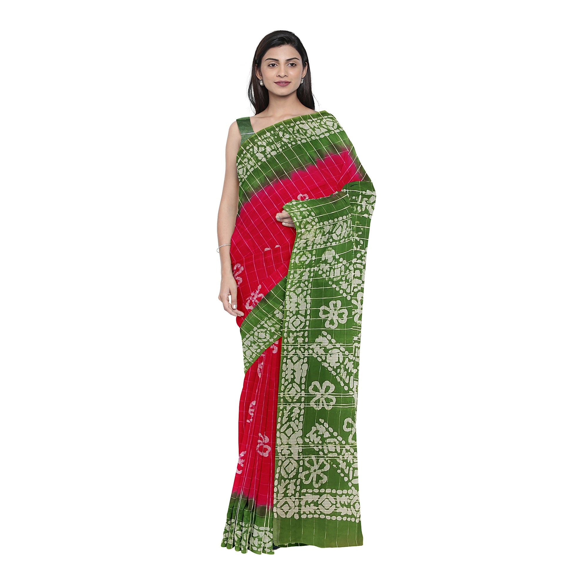 Pink Batik Print Saree – Parrot Green Border – Shop Online