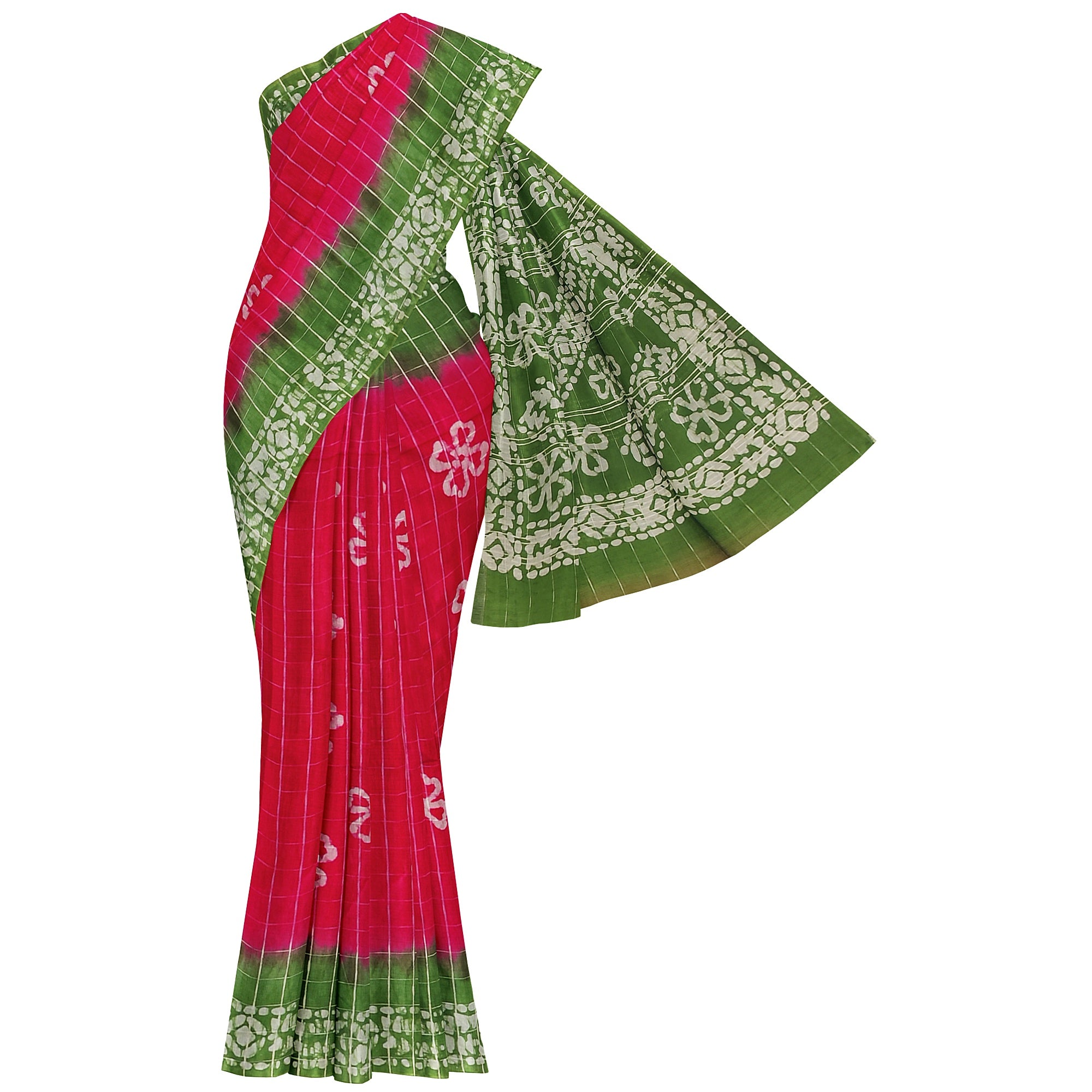 Pink Batik Print Saree – Parrot Green Border – Shop Online