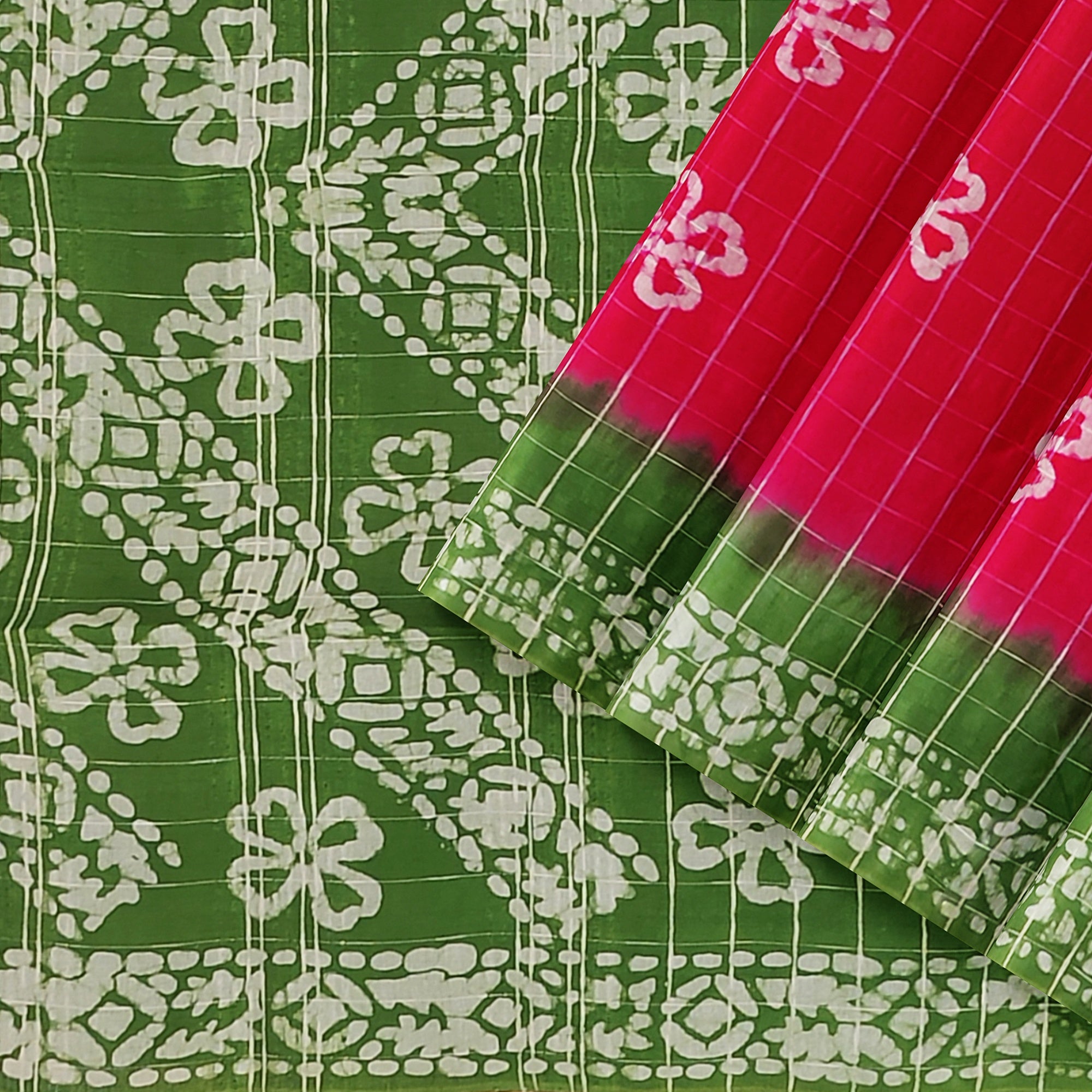 Pink Batik Print Saree – Parrot Green Border – Shop Online