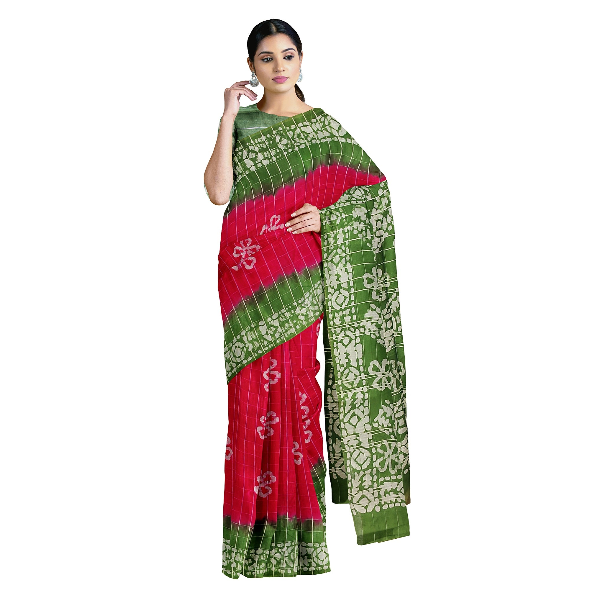 Pink Batik Print Saree – Parrot Green Border – Shop Online