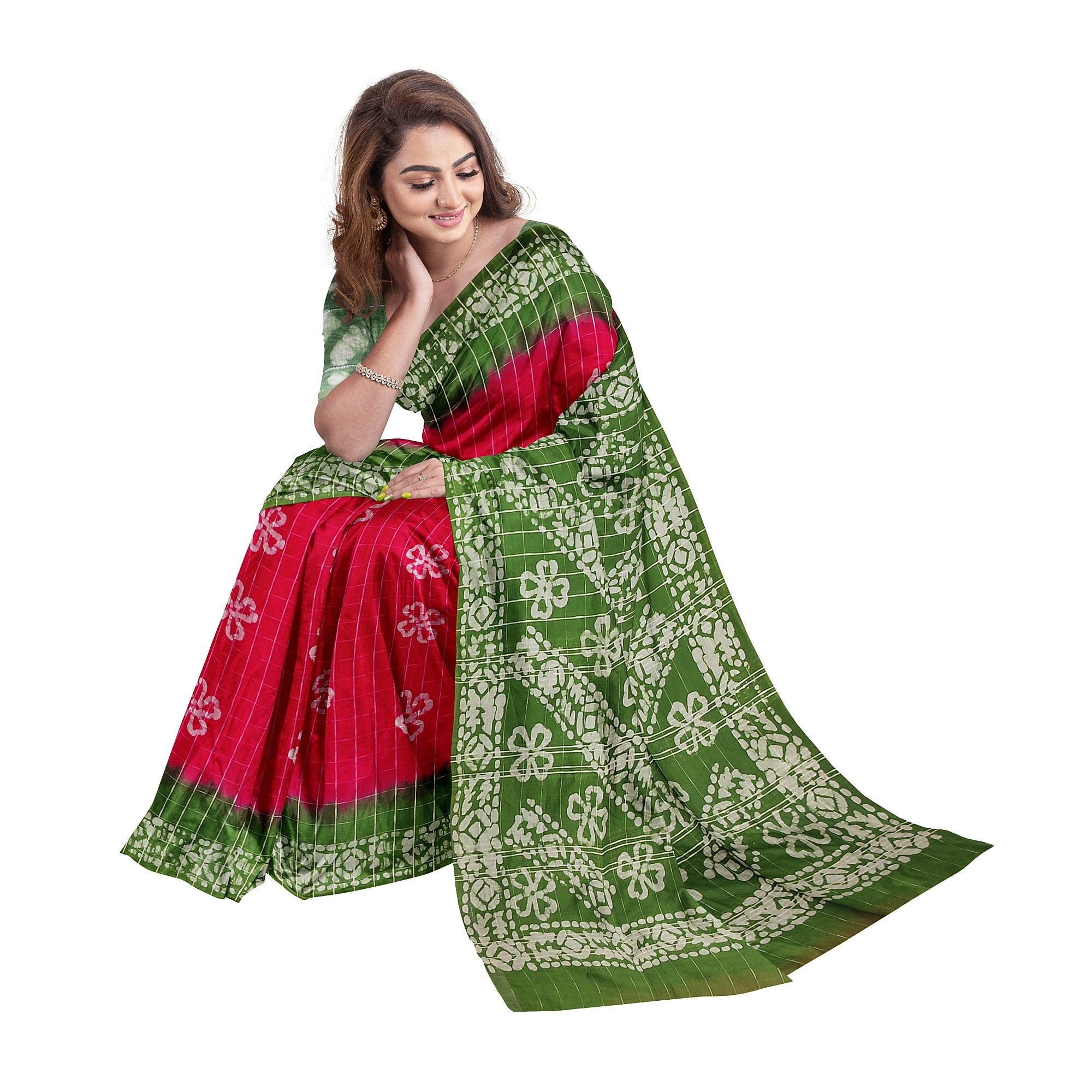 Pink Batik Print Saree – Parrot Green Border – Shop Online