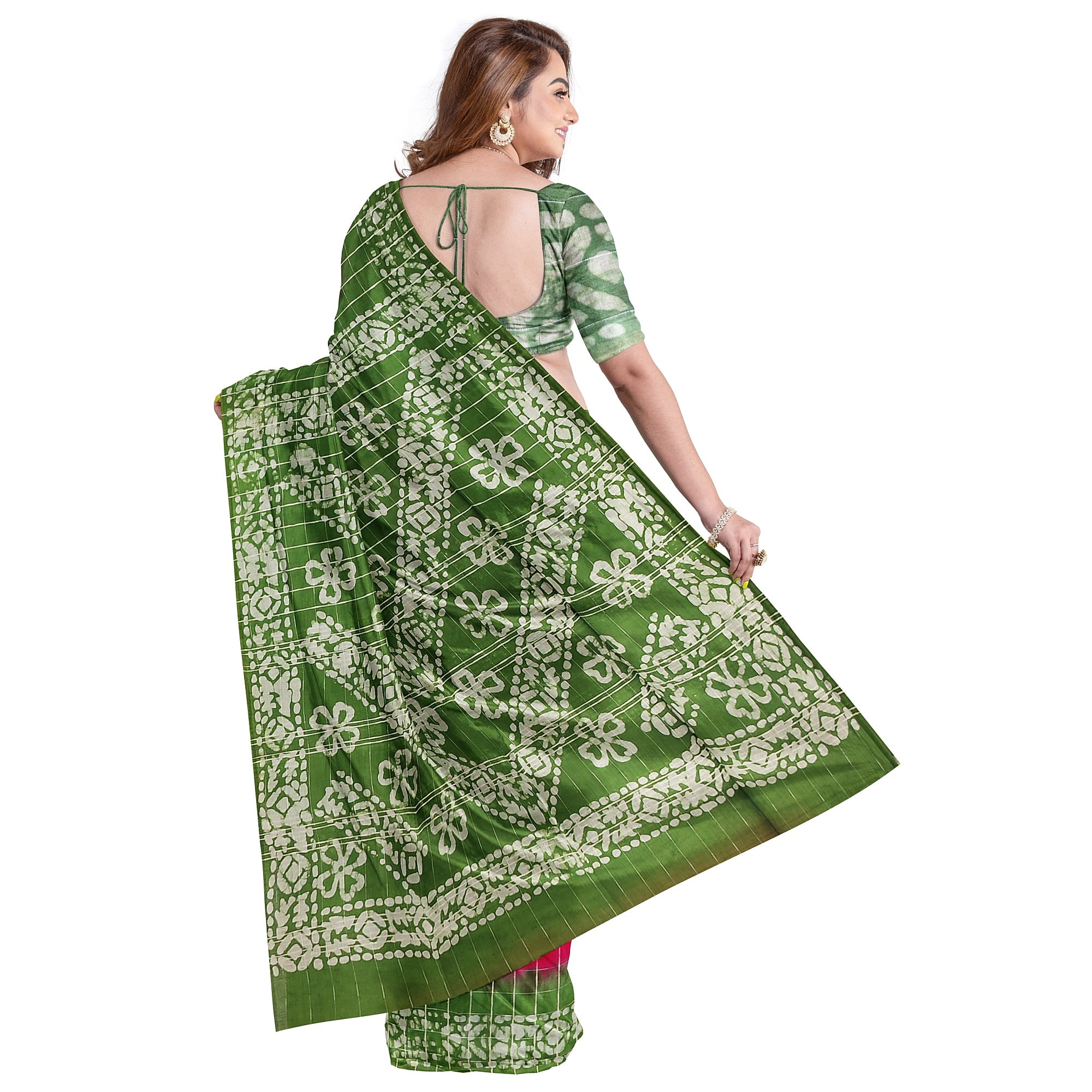 Pink Batik Print Saree – Parrot Green Border – Shop Online