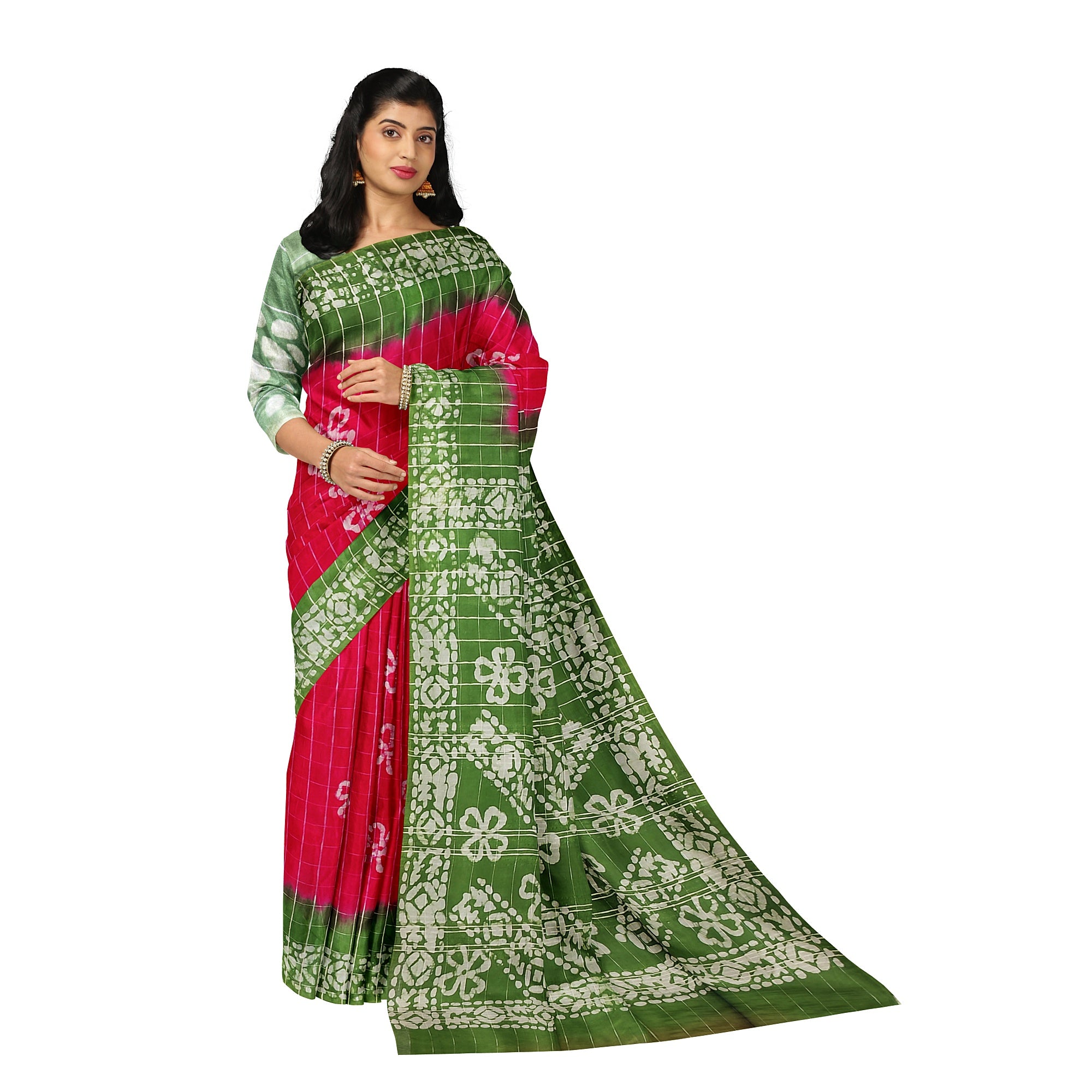 Pink Batik Print Saree – Parrot Green Border – Shop Online