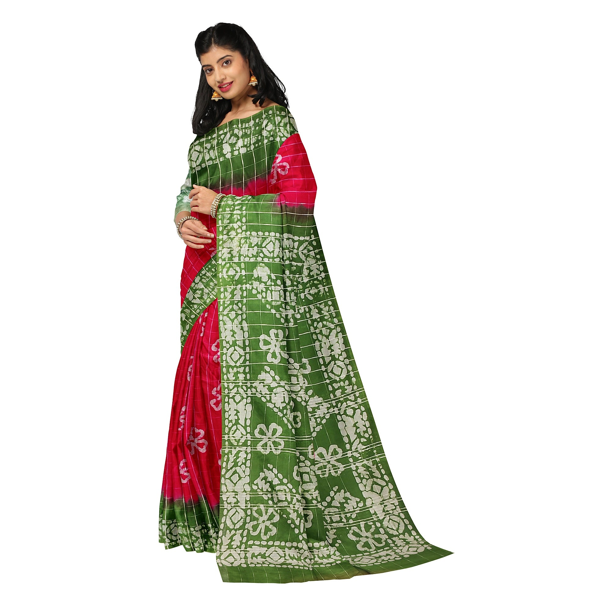 Pink Batik Print Saree – Parrot Green Border – Shop Online