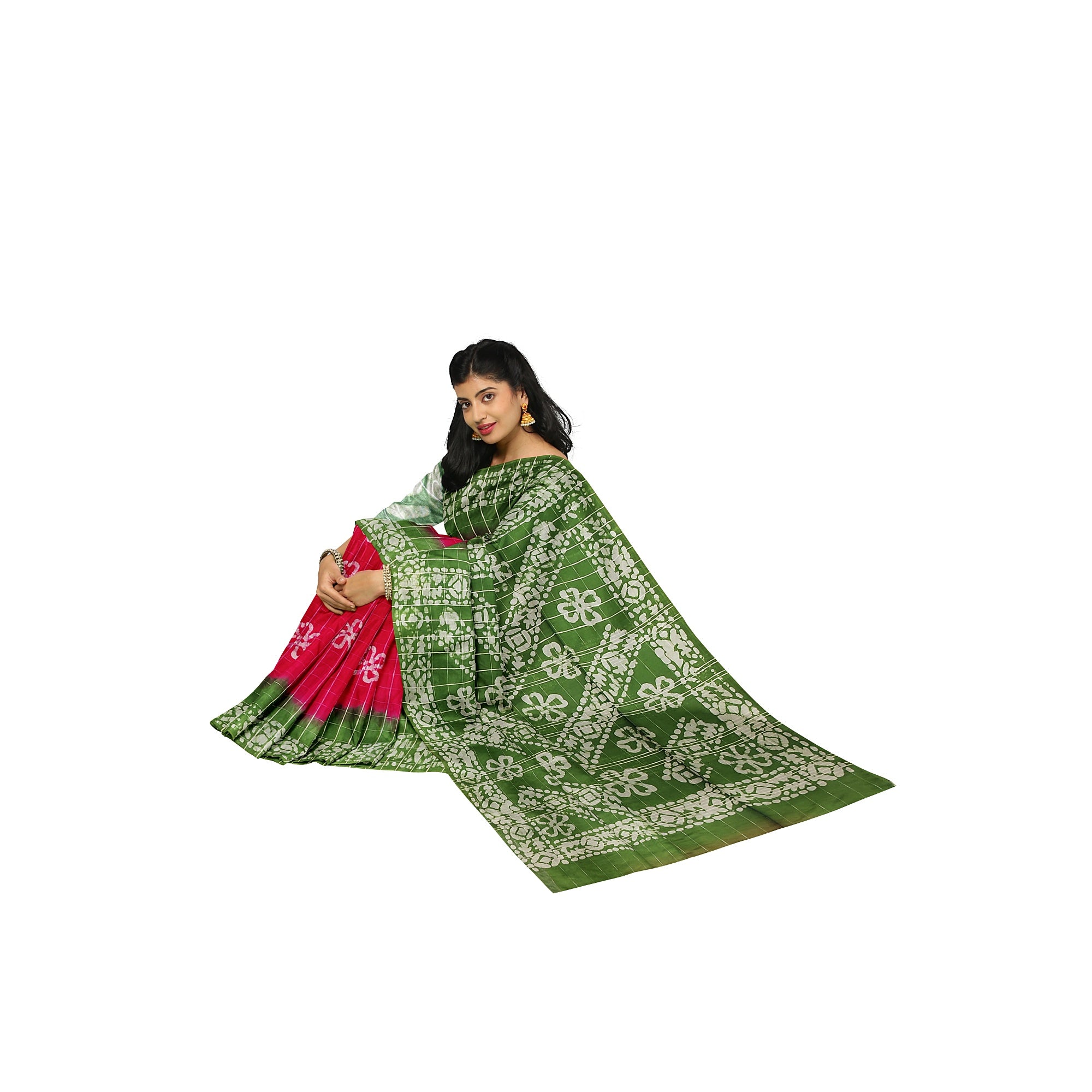 Pink Batik Print Saree – Parrot Green Border – Shop Online